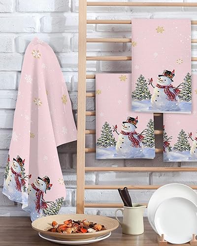 Miniatura 2 de Kitchen Towel 2 Packs Cotton Waffle Weave, Gold Snowflake Snowman Xmas Tree Pink Christmas 16 x 24 Inch Absorbent Quick Drying Dish Towels Clothes