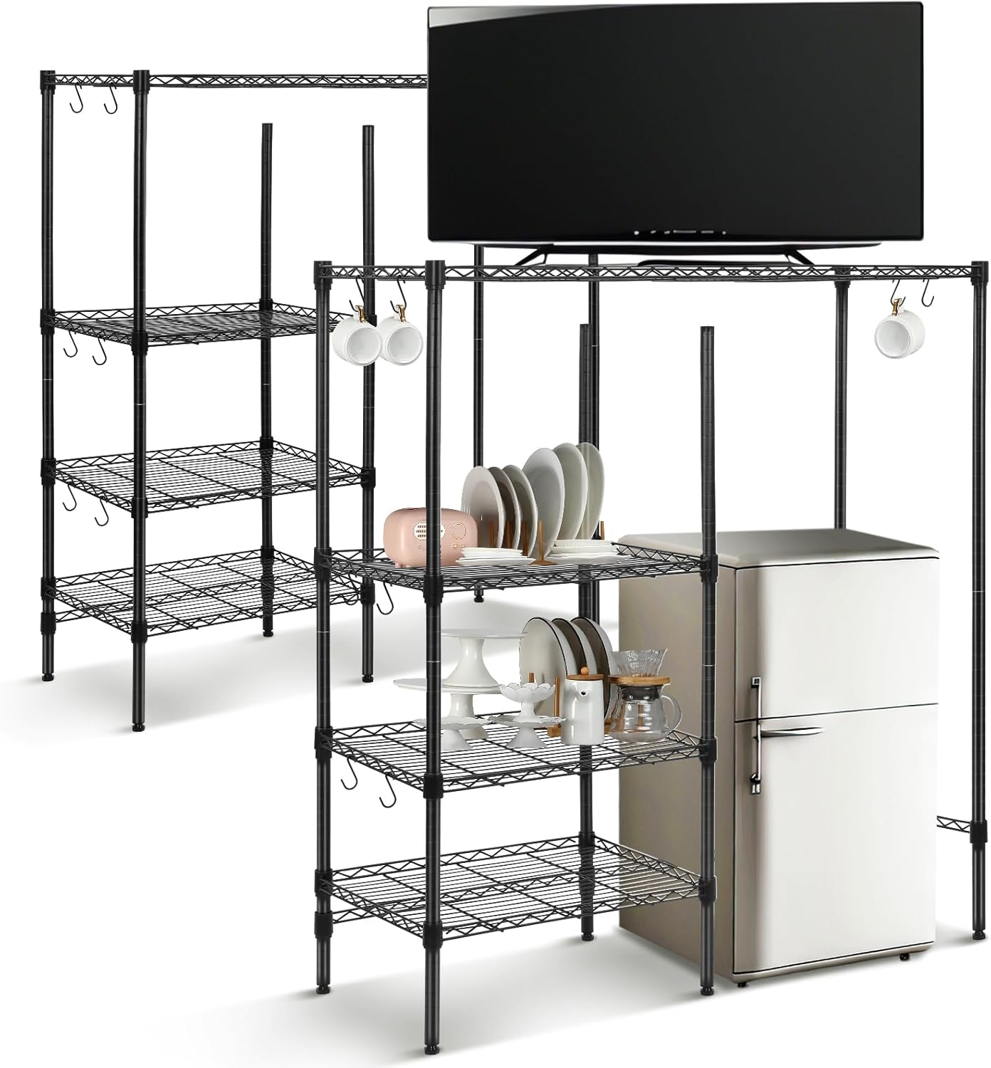 Huwena Mini Fridge Stand with Storage Shelf for Dorm 4 Tier Mini Microwave Stand Baker Rack Adjustable Height Over Fridge Storage Organizer with Hook for College Dorm Kitchen Office Coffee Bar(Black)