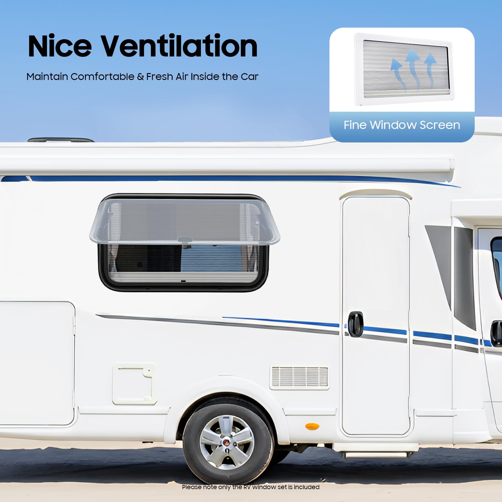 Ventana lateral de caravana de acrílico 700x400 con ángulo de apertura de 85°. Ventana con marco resistente a los rayos UV y rejilla anti-insectos para autocaravanas y caravanas