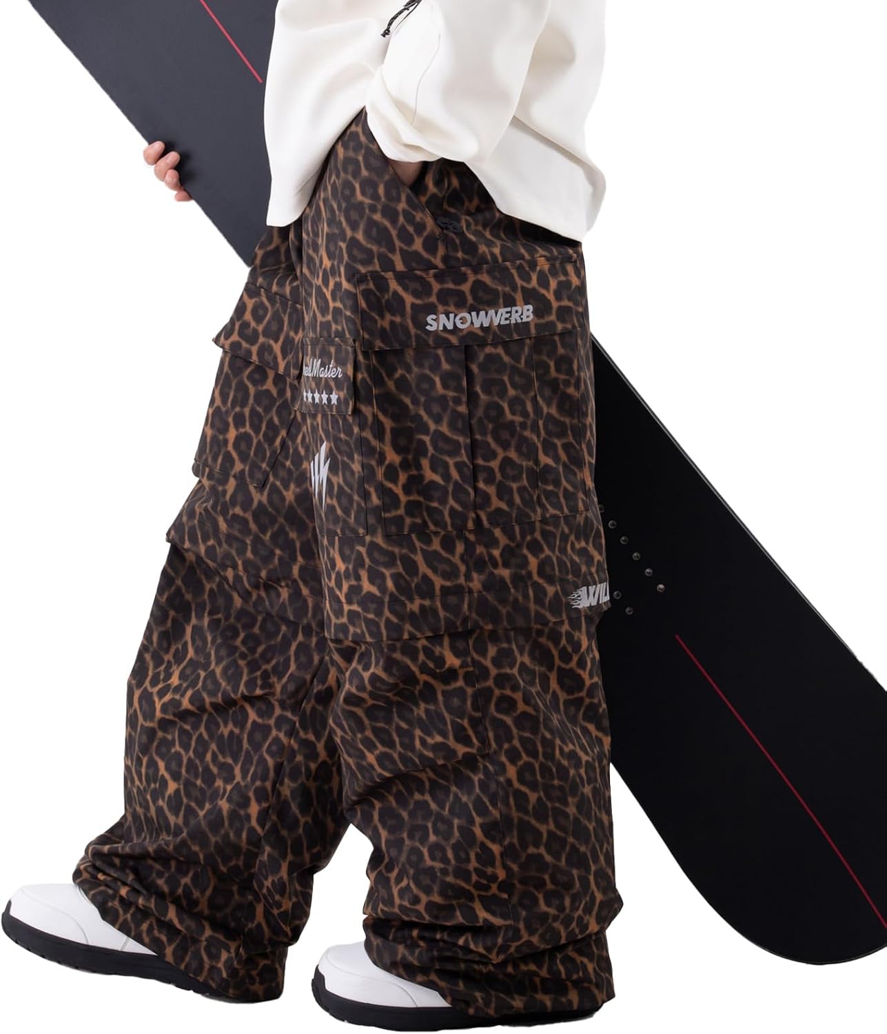 SNOWVERB Womens Mens 2-in-1 Detachable Baggy leopard Snow Pants to Shorts Cargo Ski Snowboard Outdoor Pants for All-season