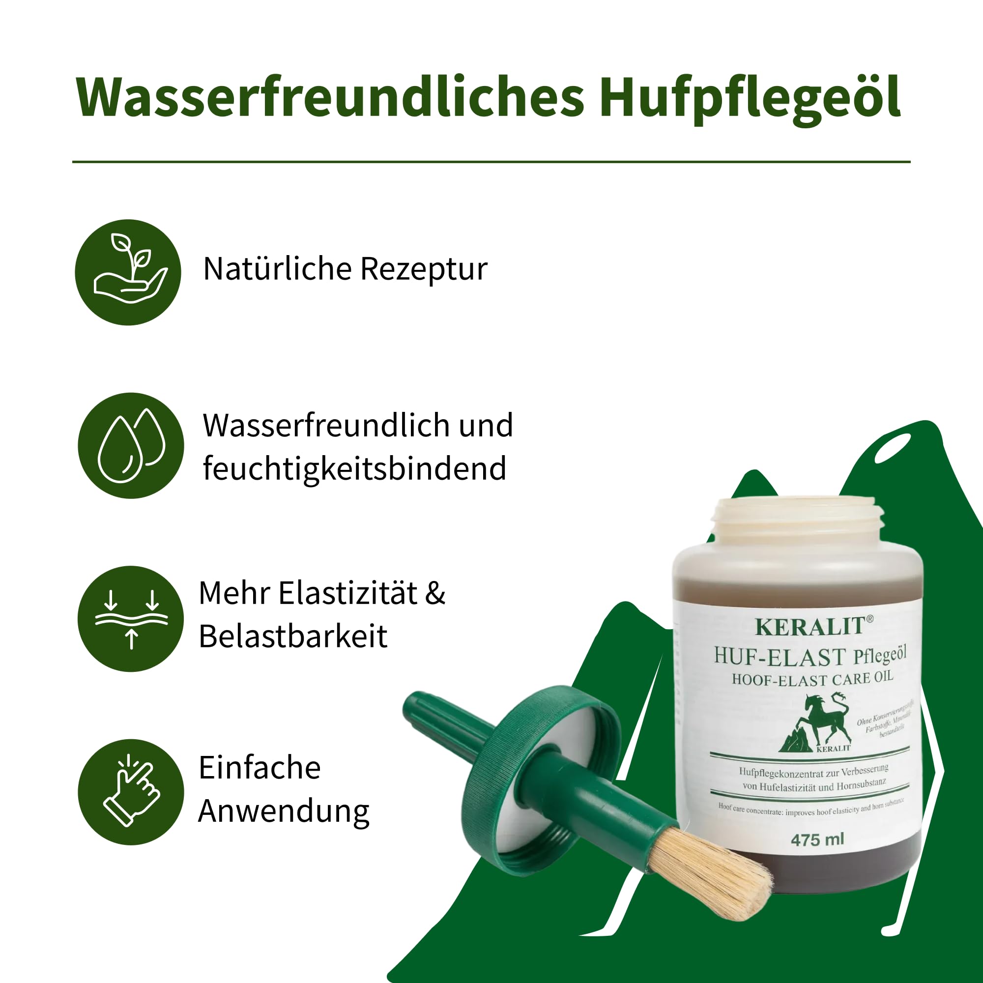 Keralit Huf‑Elast mit Pinsel – wasserlösliches Hufpflege‑Öl für Pferde mit Lorbeer‑, Sesam‑, Avocado‑ & Jojobaöl – für trockene Hufe, mehr Elastizität & Belastbarkeit, feuchtigkeitsbindend