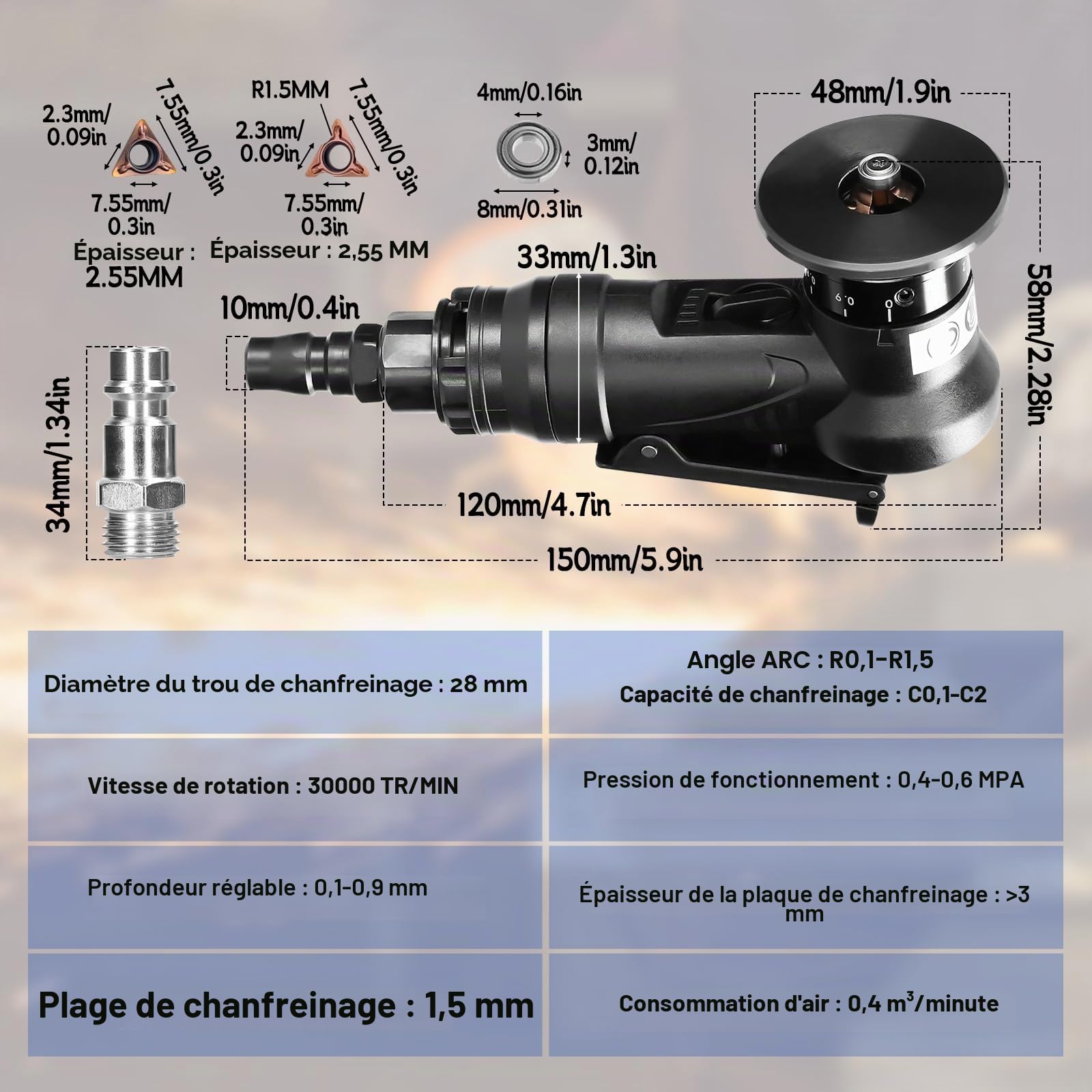 Machine à chanfreiner pneumatique 30 000 tr/min angle 45° entrée d'air 6,35mm