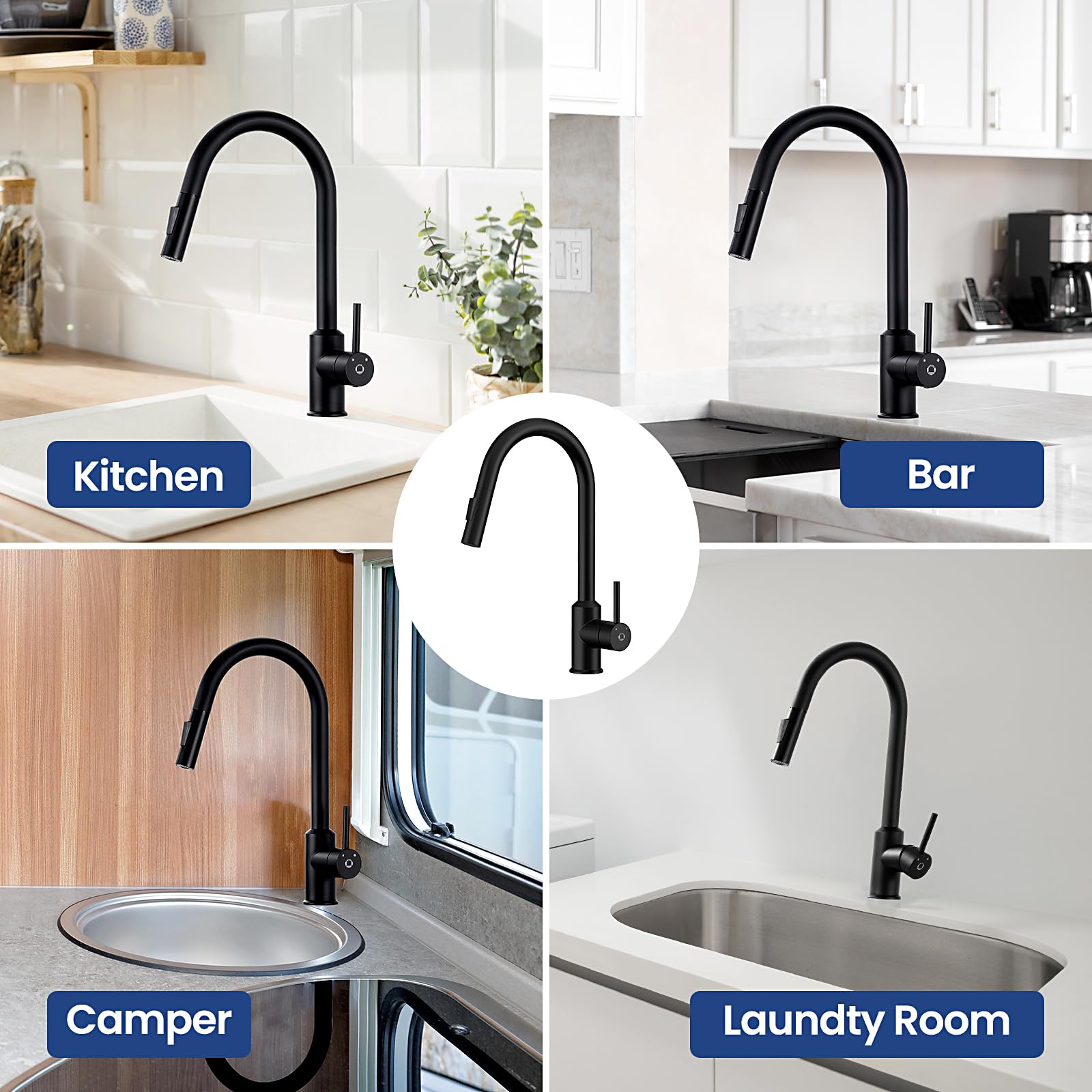 CECIPA Niederdruck Armatur Küche Schwarz, Wasserhahn Küche 3 Anschlüsse mit Hohem Bogen, 360°Schwenkbar küchenarmatur niederdruck ausziehbar,G3/8 Anschluss,niederdruckarmatur Schwarz | 3 Anschlüsse, ausziehbare Brause, hoher Bogen, 360 Grad schwenkbar, G3