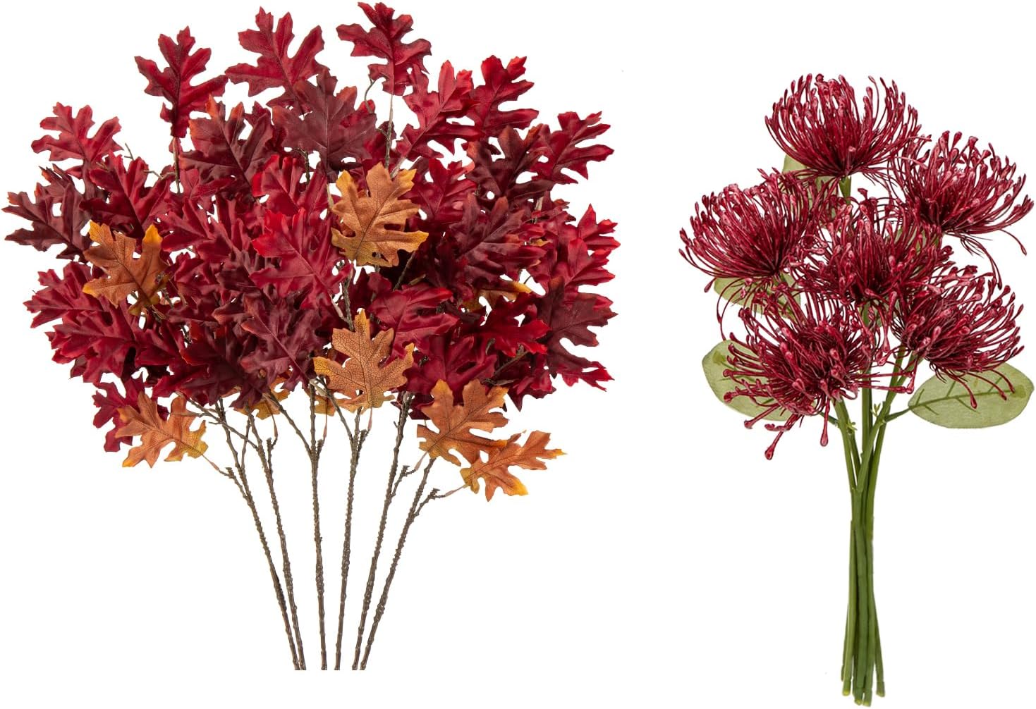 6PCS Artificial Fall Oak Leaves Stems & 6PCS Burgundy