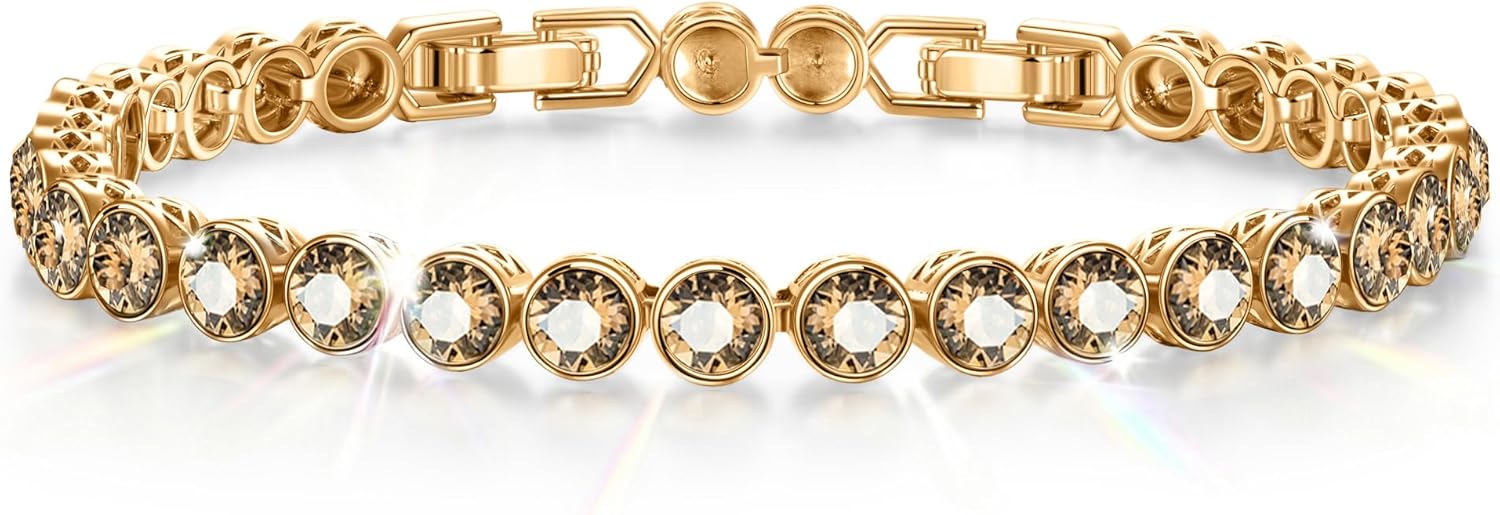 Birthstone Tennis Bracelet for Women – 14K Gold Plated Adjustable 6-7.5 Inch with Genuine Swarovski® Crystals, Hypoallergenic Handmade Jewelry Gift for Birthday, Wedding, Anniversary and Christmas