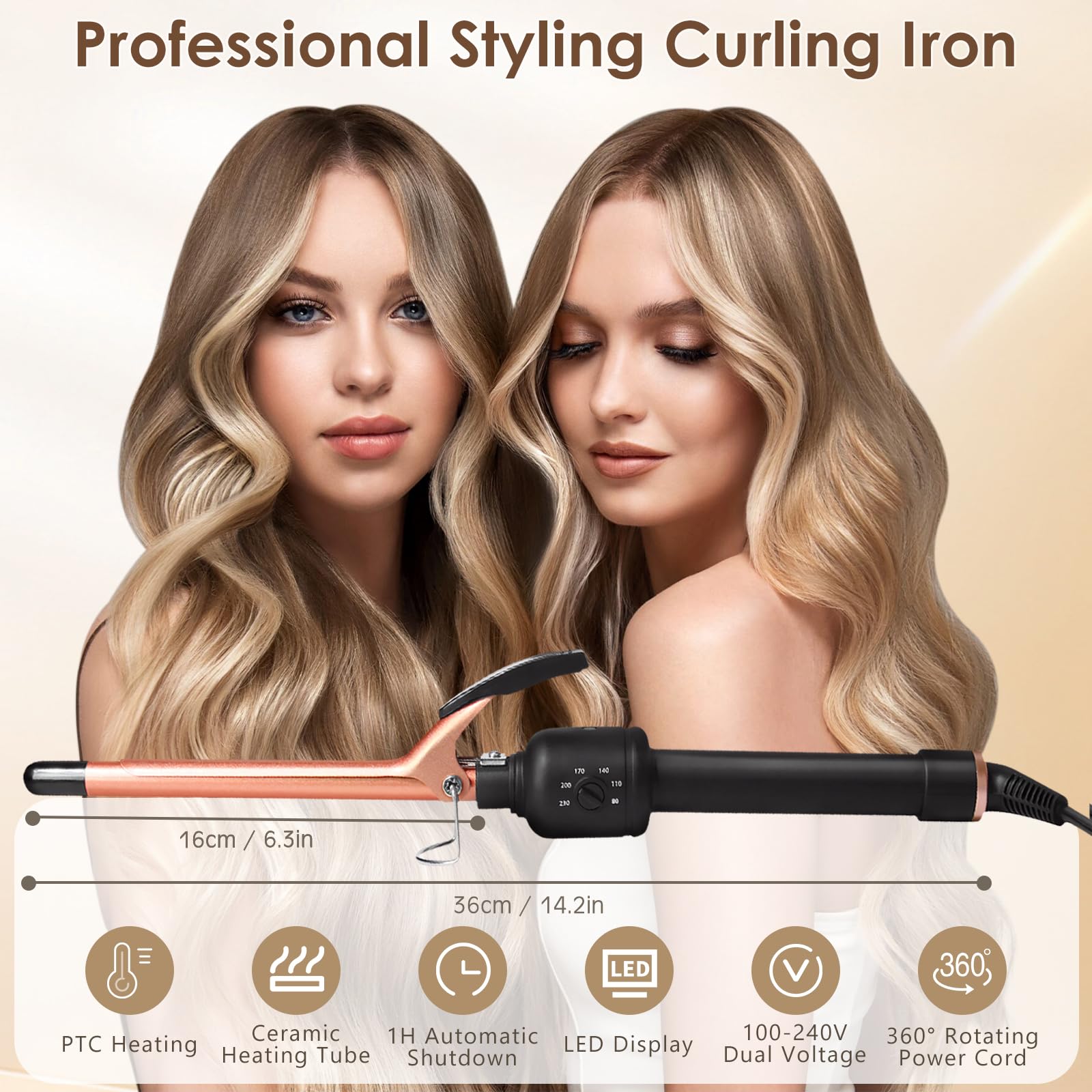 HyAdierTech Arricciacapelli, Ferro Capelli con Rivestimento in Ceramica, 9 mm Curve Thin Wand con Scelta di Temperature 80 ℃ - 230 ℃, Ferro Arricciacapelli a Riscaldamento Rapido, per Ricci Stretti