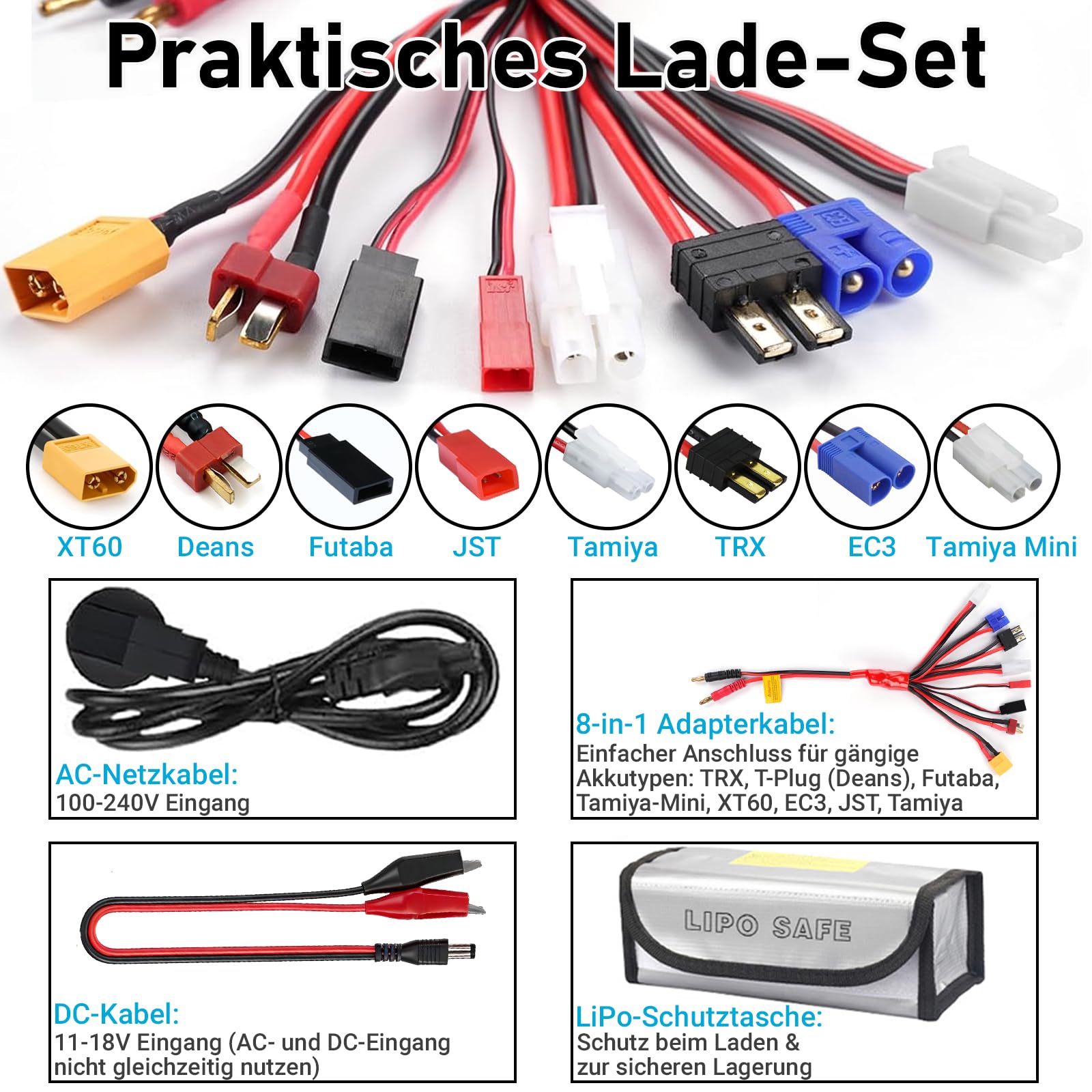 HTRC LiPo Ladegerät 80W 6A RC Akku Ladegerät mit Balancer und LED-Display | Für LiPo/Li-Ion/LiFe 1-6S, NiMH/NiCd 1-15S, Pb 2-20V; 8-in-1-Kabel: XT60, EC3, Deans, Tamiya, Tamiya Mini, JST, FUTABA, TRX
