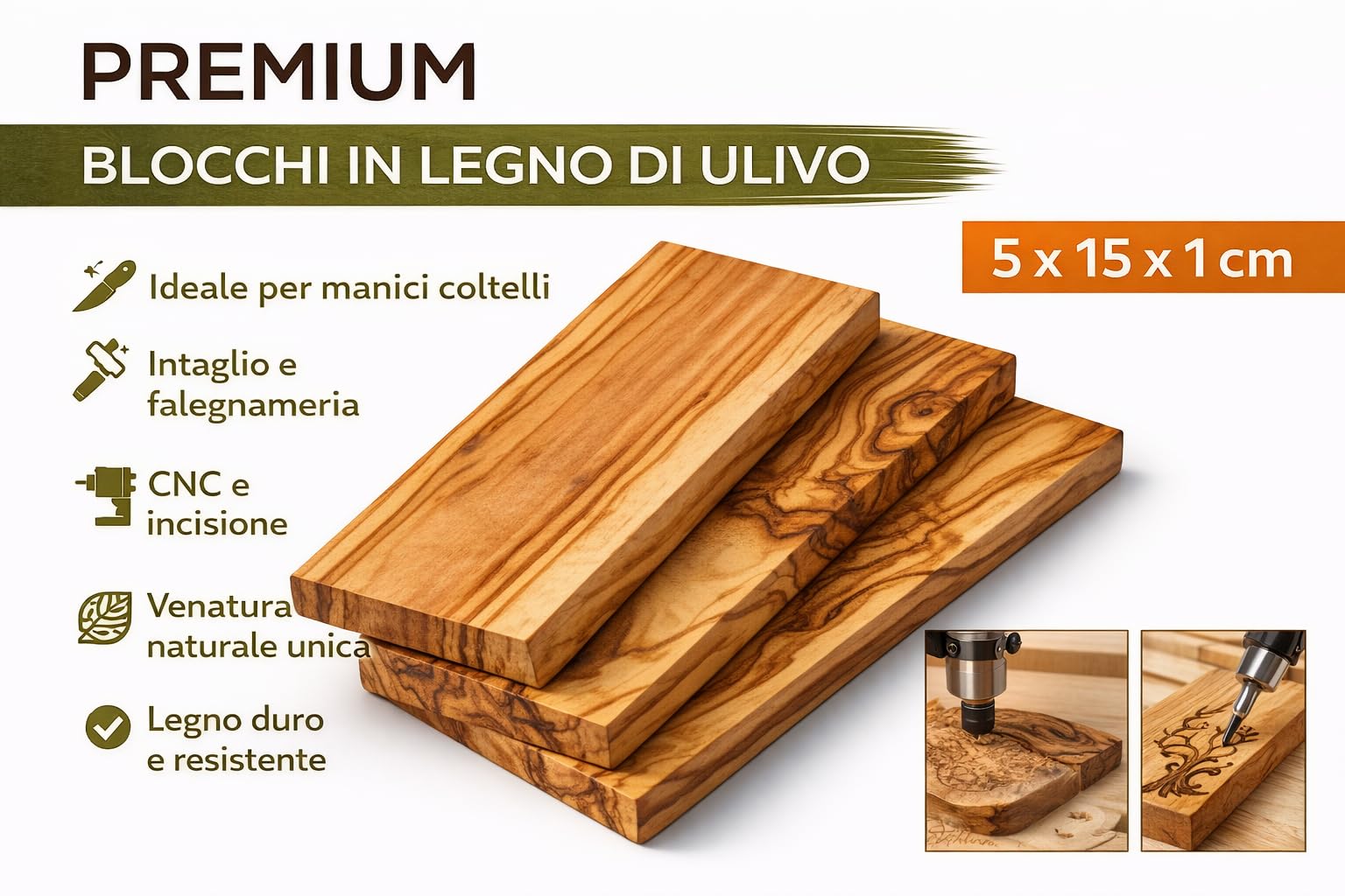 Blocchi in Legno di Ulivo Set da 3 – 5x15x1 cm – Legno Grezzo per Intaglio, CNC, Incisione, Pirografia e Fai da Te – Ideale per Manici Coltelli e Artigianato