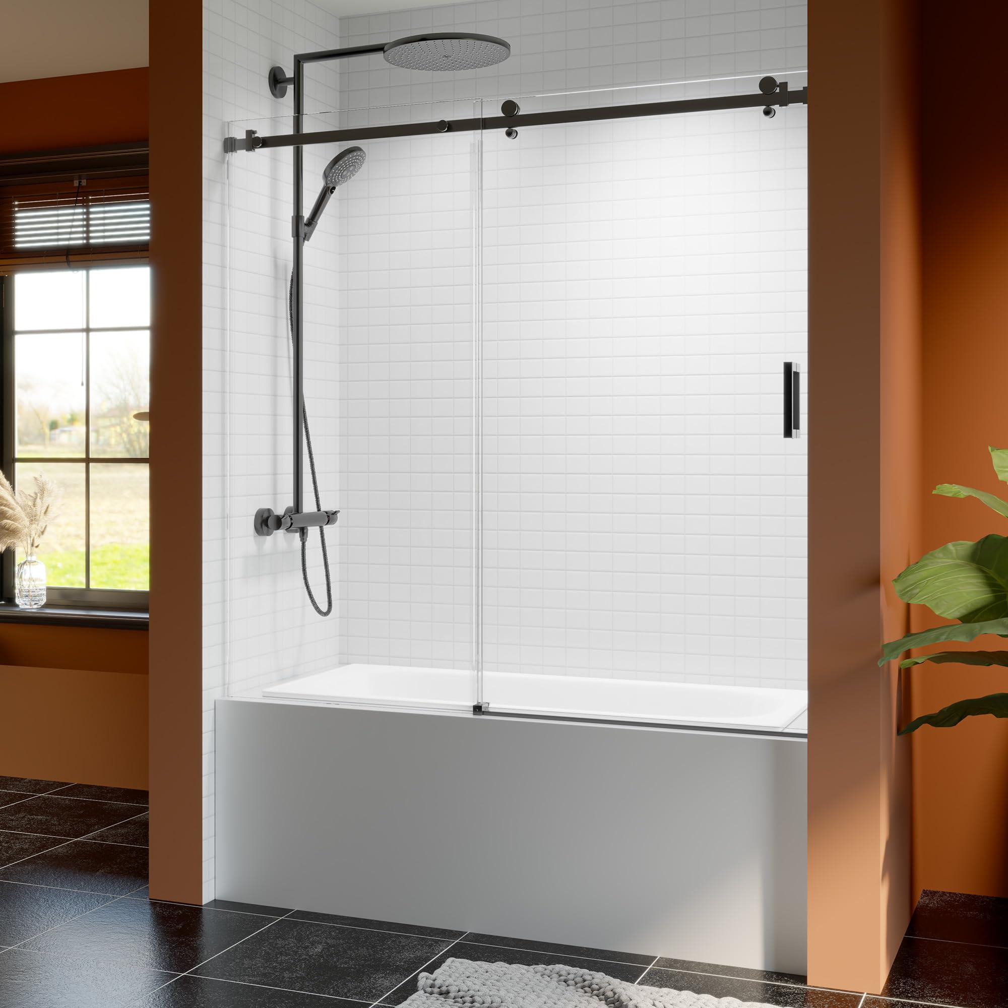 56-60 Inch Frameless Sliding Shower Door, 60" Height, 5/16" (8mm) Clear Tempered Glass Bathtub Door, Smooth Gliding Track & Anti-Jumping System,