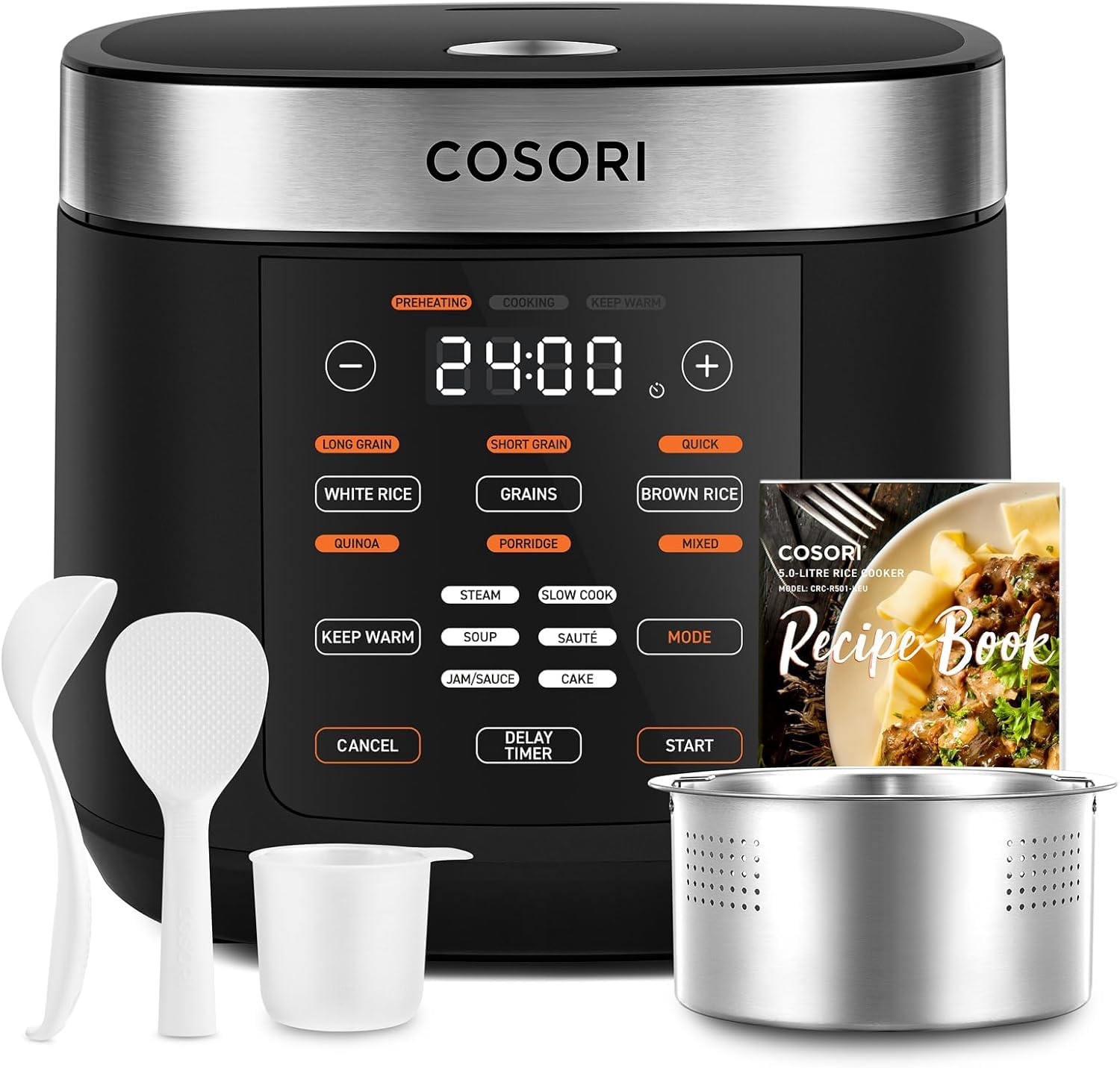 COSORI Cuociriso Elettrico 1,8L, 17 Programmi, Pentola Cuociriso, Ceramico | 1-10 Persone e Logica Fuzzy, Vaporiera con Cestello in Acciaio Inox, Timer e Mantenimento Calore, 50 Ricette incluse
