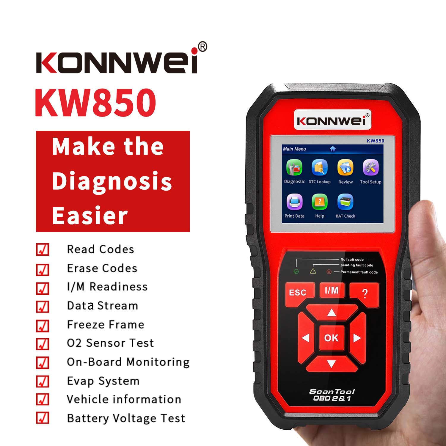 KONNWEI KW850 OBD2 urządzenie diagnostyczne z testem baterii urządzenie diagnostyczne do samochodu | Czytnik samochodowy z wyświetlaczem 2,8", przycisk czuwania One Touch I/M, kompatybilny z pojazdami OBDII od 2002,9 języków