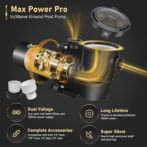 Miniatura 3 de Bomba de piscina de doble voltaje 2.0HP 115230V para piscinas dentrosobre el suelo, motor de piscina autocebante de 6840 GPH con adaptadores de 1.25