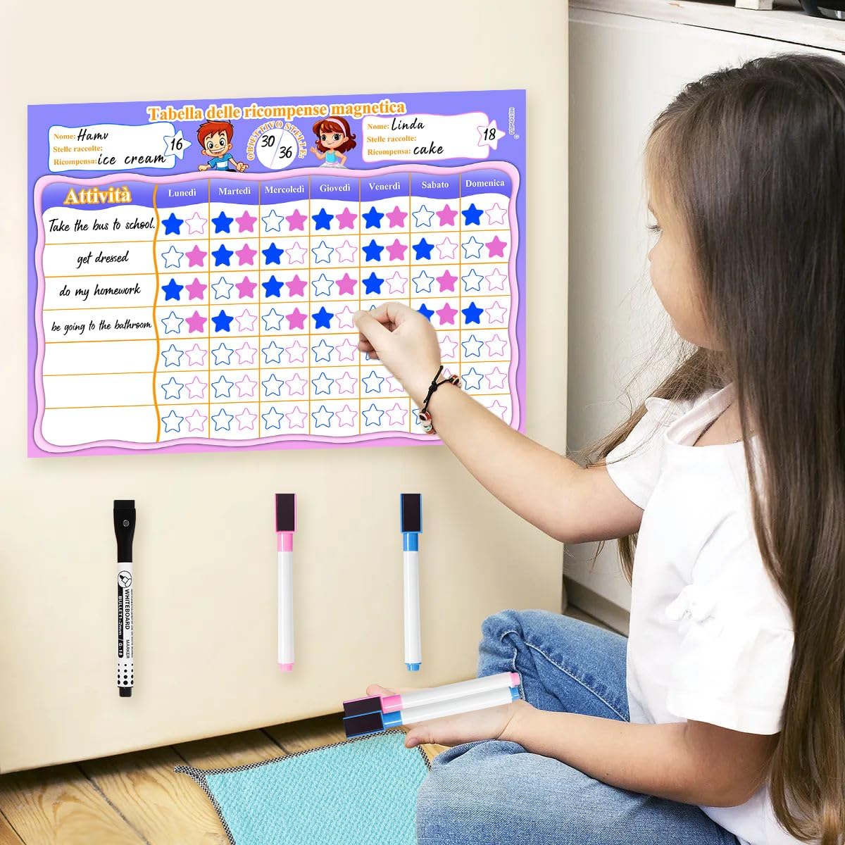Tabella Delle Ricompense per Bambini,Tabellone Delle Ricompense bambini,Tabella Delle Ricompense Magnetica,Routine Bambini Giornaliera,Buon Comportamento in Ragazzi/Ragazze,5 Penne,34X24 cm (Italiano)