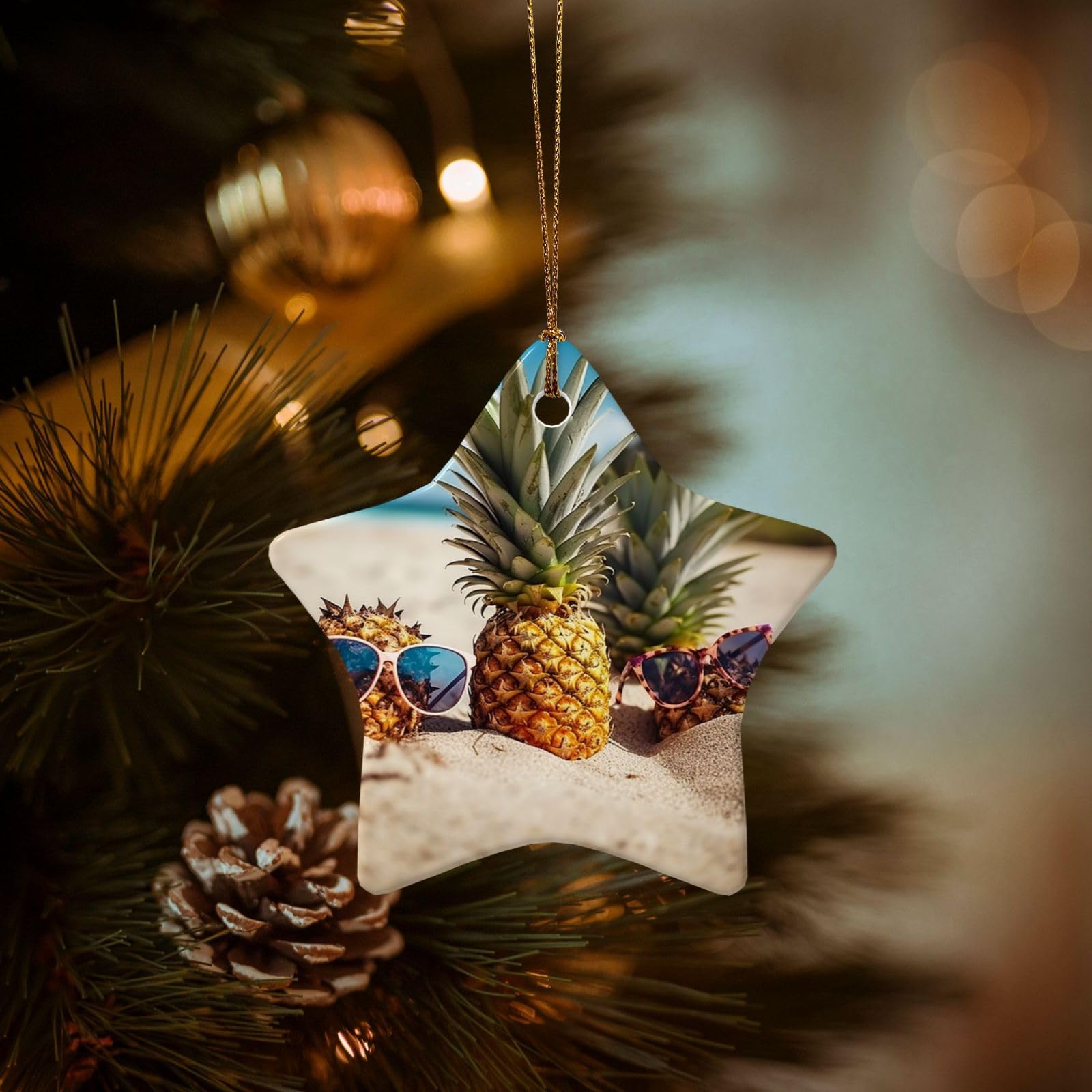 Christmas Tree Ornaments Ceramics Christmas Decorations Pineapple Sunglasses Sand Beach Ornaments with Gold Ribbon Porcelain Xmas Tree Crafts Star Shape Hanging Pendant for Christmas Tree Party Decor
