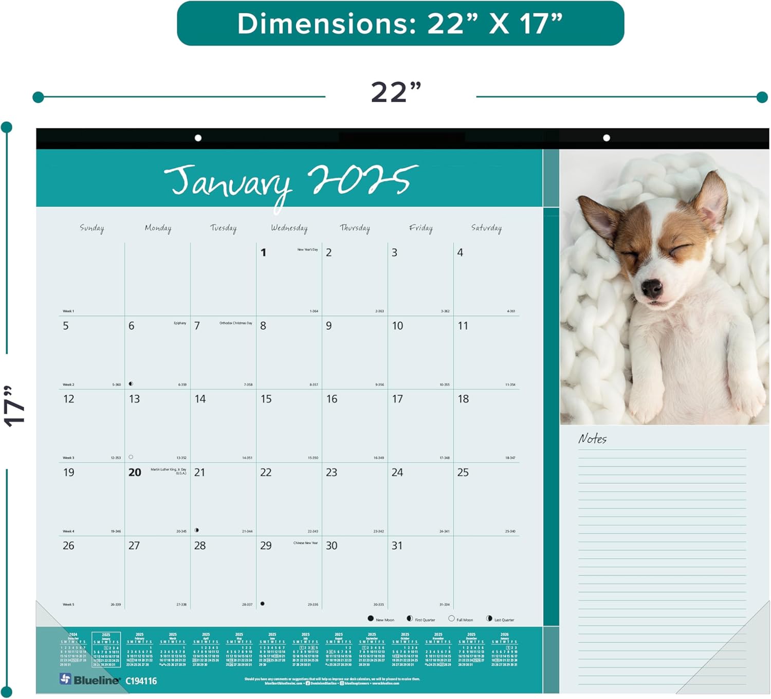 Blueline® 2025 Monthly Desk Pad Calendar, 12 Months, January to December, 22" x 17", Man's Best Friend (C194116-25)