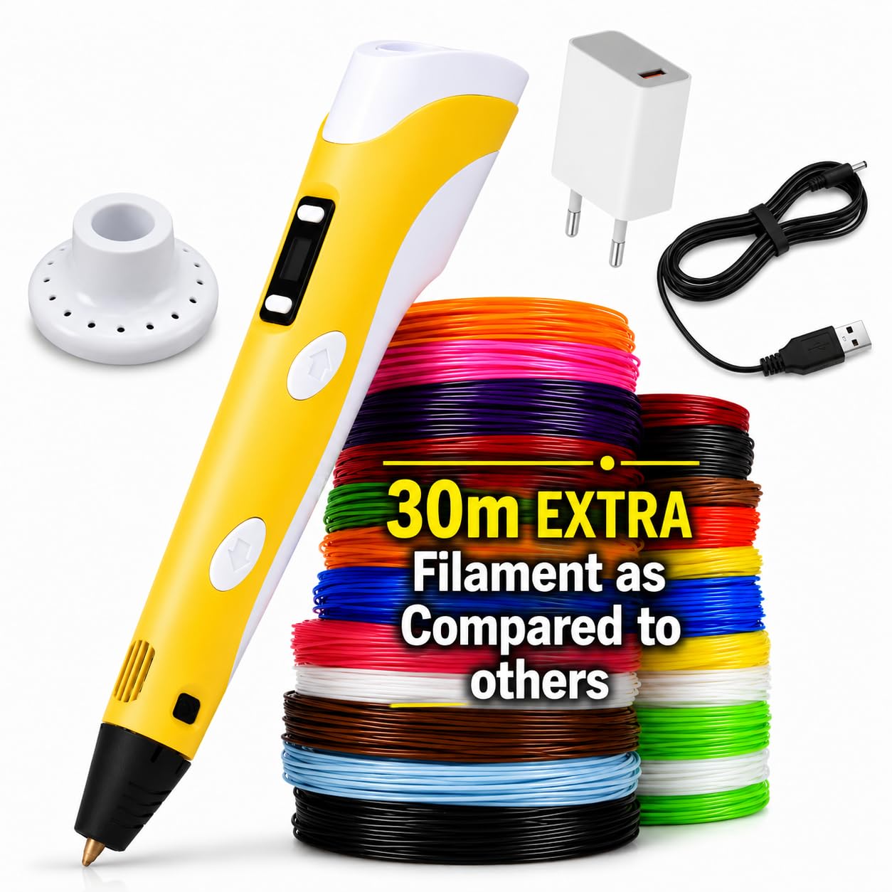 Build-O-Bot 3D Pen with 30M Extra PLA Filament (7 Colors) & USB Adapter, Easy-to-Use 3D Drawing Pen for Kids, DIY Art, Crafts & Creative Learning (Yellow)