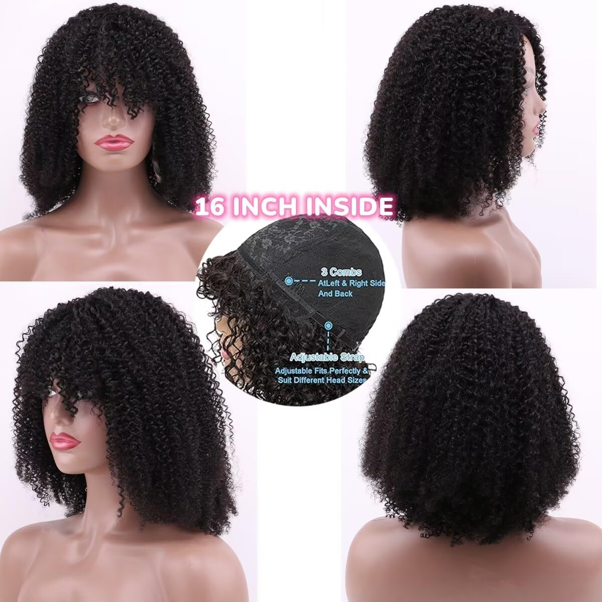 180% Density 16 Inch Human Hair Wigs Afro Kinky Curly Human Hair Wig With Bang For Women None Lace Wig Small Curly Afro Wigs For Black Women 1b color - Image 4
