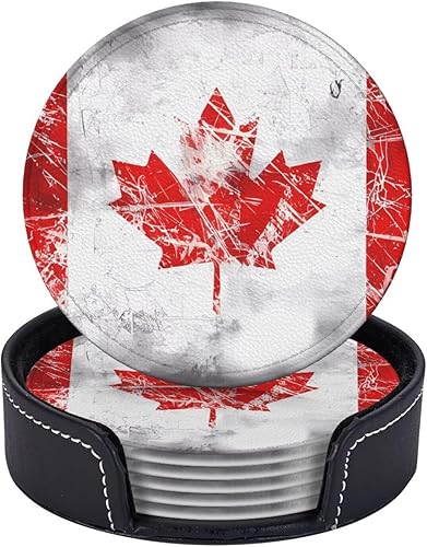 Miniatura 5 de Drink Coasters Set of 6, Retro Canada Flag Printed PU Leather Round Coaster with Holder for Outdoor, Office, Bar, Funny Heat-Resistant Home Desk