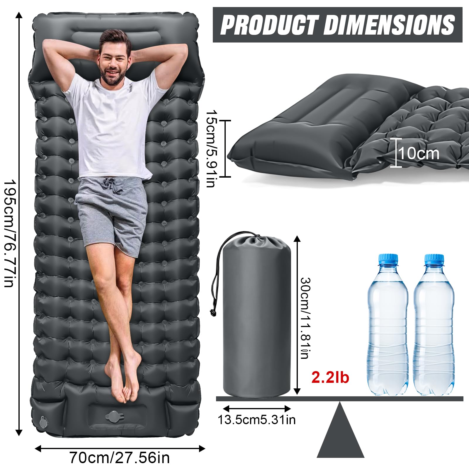 Colchoneta Autoinflable para Dormir para Acampar, Utraligero Esterilla Inflable Portatíl Colchón Individual, concon Bomba de Pie para Camping, Exteriores, Viaje(Gris) - 3