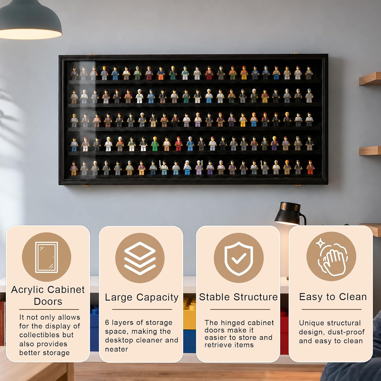 Minifigure Display Case- 6 Layers, Flip-Up Doors with Support, Acrylic View Window, Handmade Wooden Case for Collectible Figures image 4