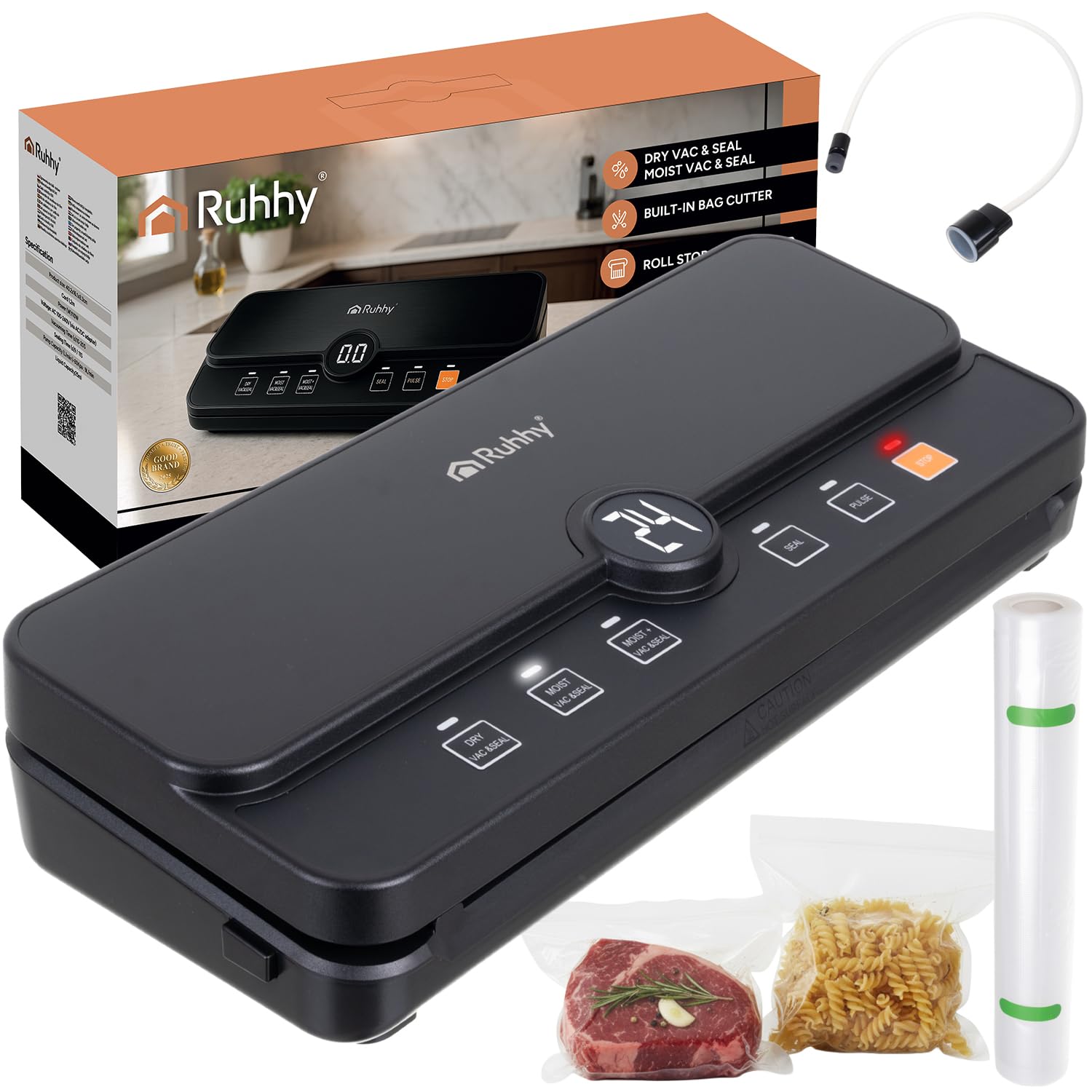 Ruhhy Urządzenie do pakowania próżniowego 80 kPa, 110 W – 30 cm szerokości spawania, zintegrowany nóż i komora na rolki, 6 trybów (Dry/Moist/Moist+, Pulse, Seal, Stop), automatyczne otwieranie, 9 l