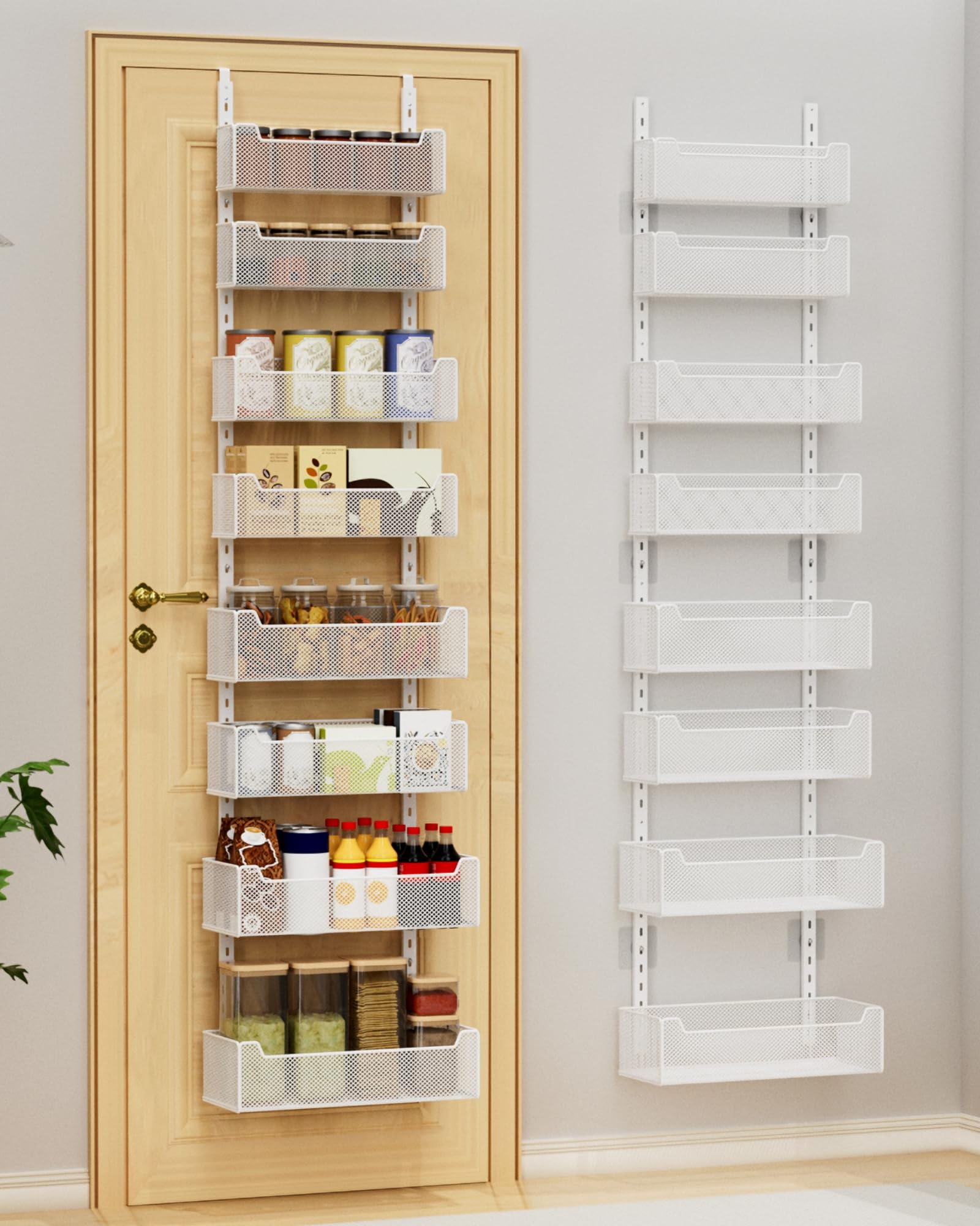 Photo 1 of VyGrow Over the Door Organizer, 8-Tier Pantry Organizer with Fully Enclosed Mesh Baskets, Heavy-Duty Metal Hanging Spice Rack for Kitchen Bathroom Laundry Room, 2-in-1 Wall Mount or Door Mount, White