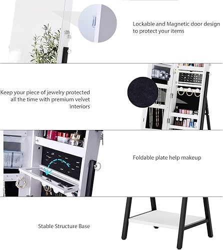 Miniatura 4 de SDHYL Armario de joyería con espejo, espejo de longitud completa con almacenamiento, armario de joyería de pie con cerradura con espejo integrado y