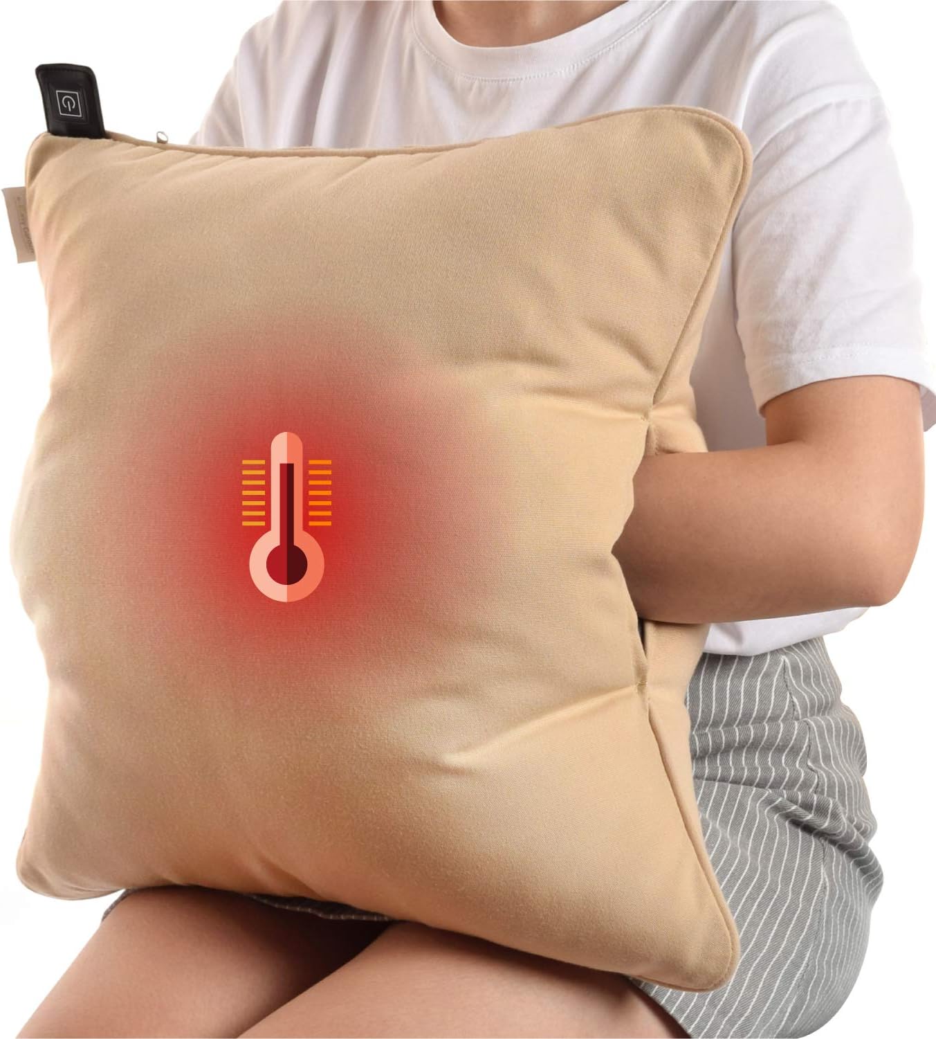 Naconic Electric Heated Throw Pillow Scatter Cushion with Hand Pockets Warmer, 3 Heating Levels, Operated by Powerbank [Ivory]