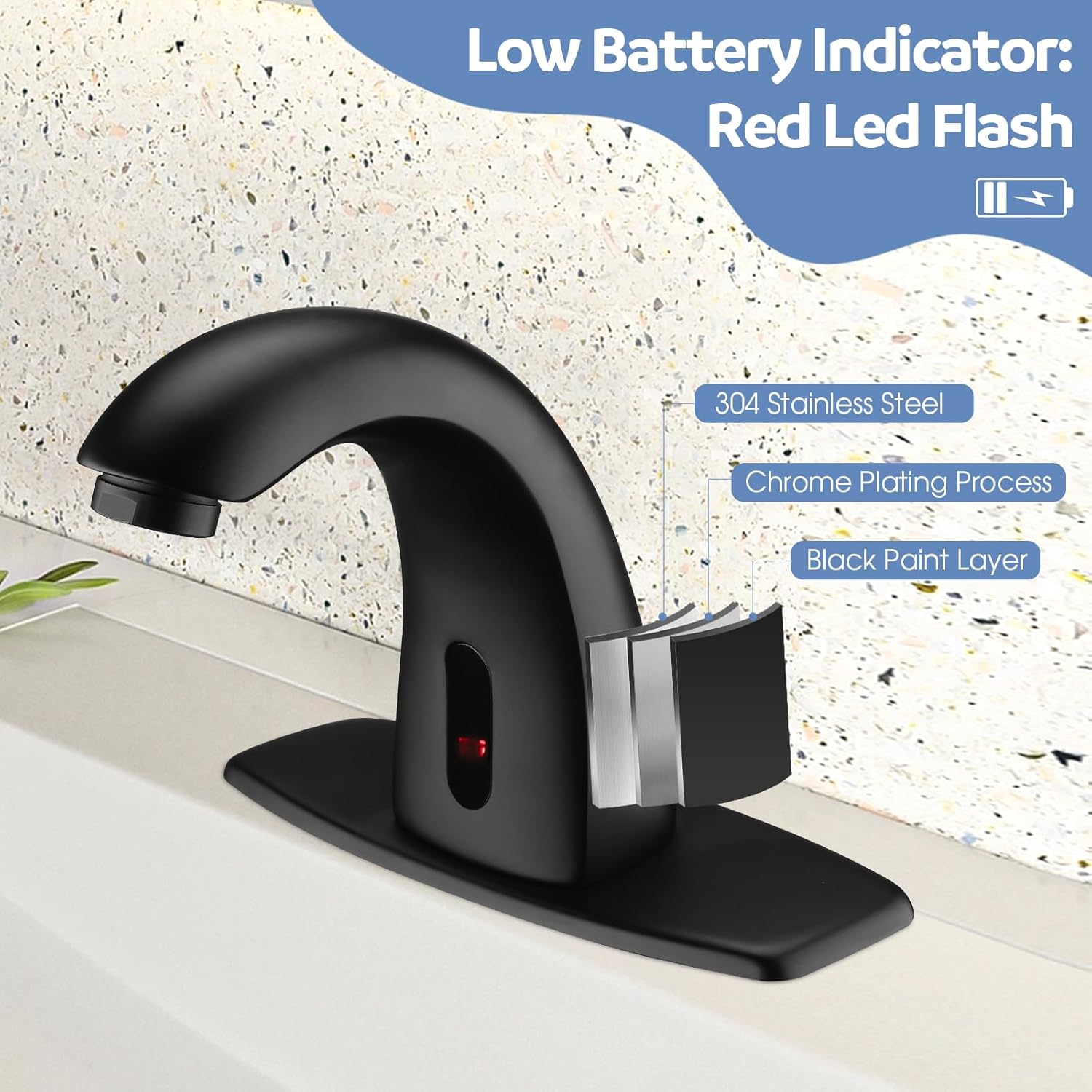 Touchless Bathroom Sink Faucets, Automatic Motion Sensor Sink Faucet with Hole Cover Deck Plate, Commercial Sink Faucet for Bathroom (Black)