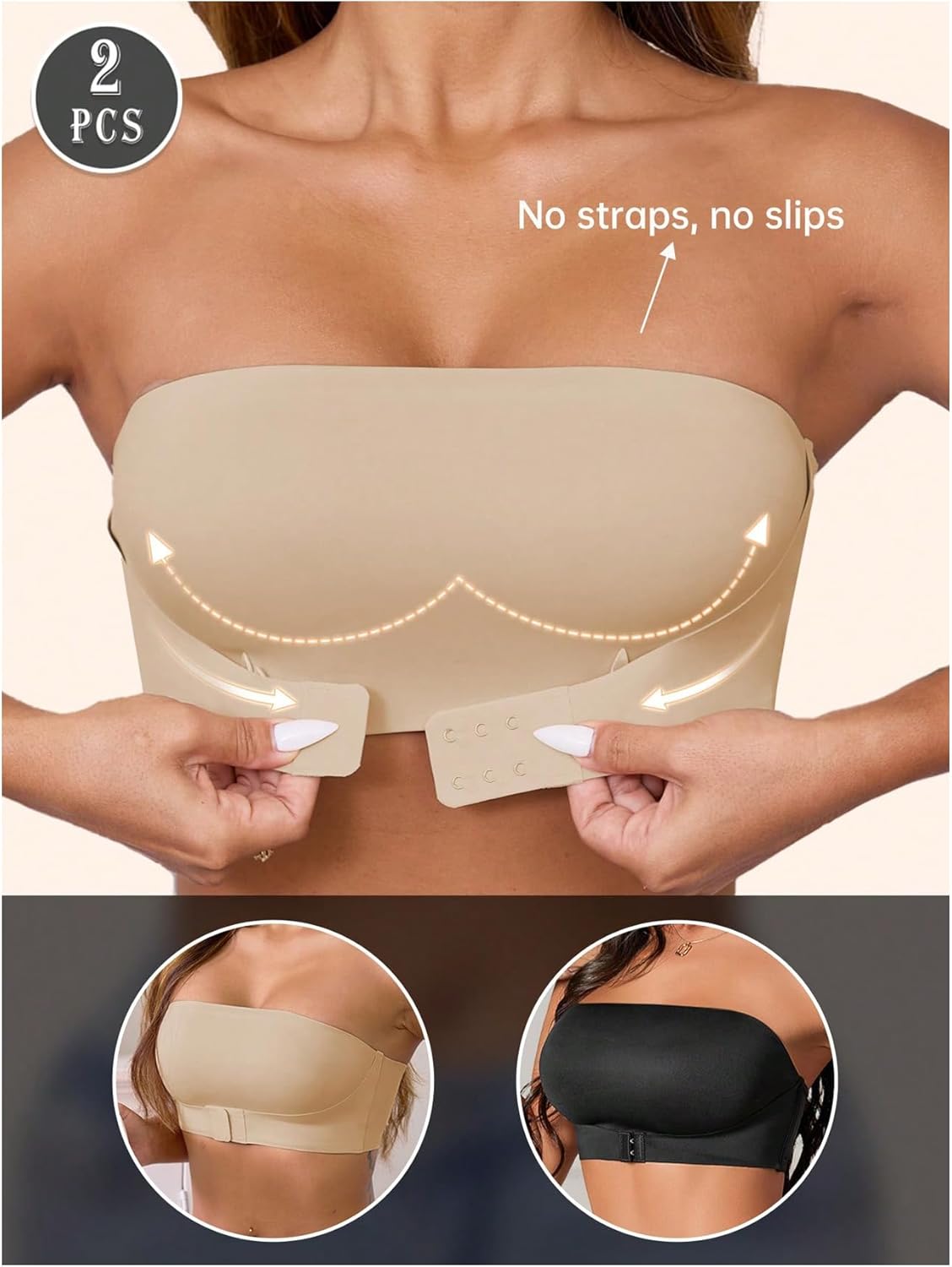 GORGLITTER Women's 2 Piece Strapless Push Up Bra Front Closure No Padding Wireless One Piece Backless Bandeau Bra - Image 3