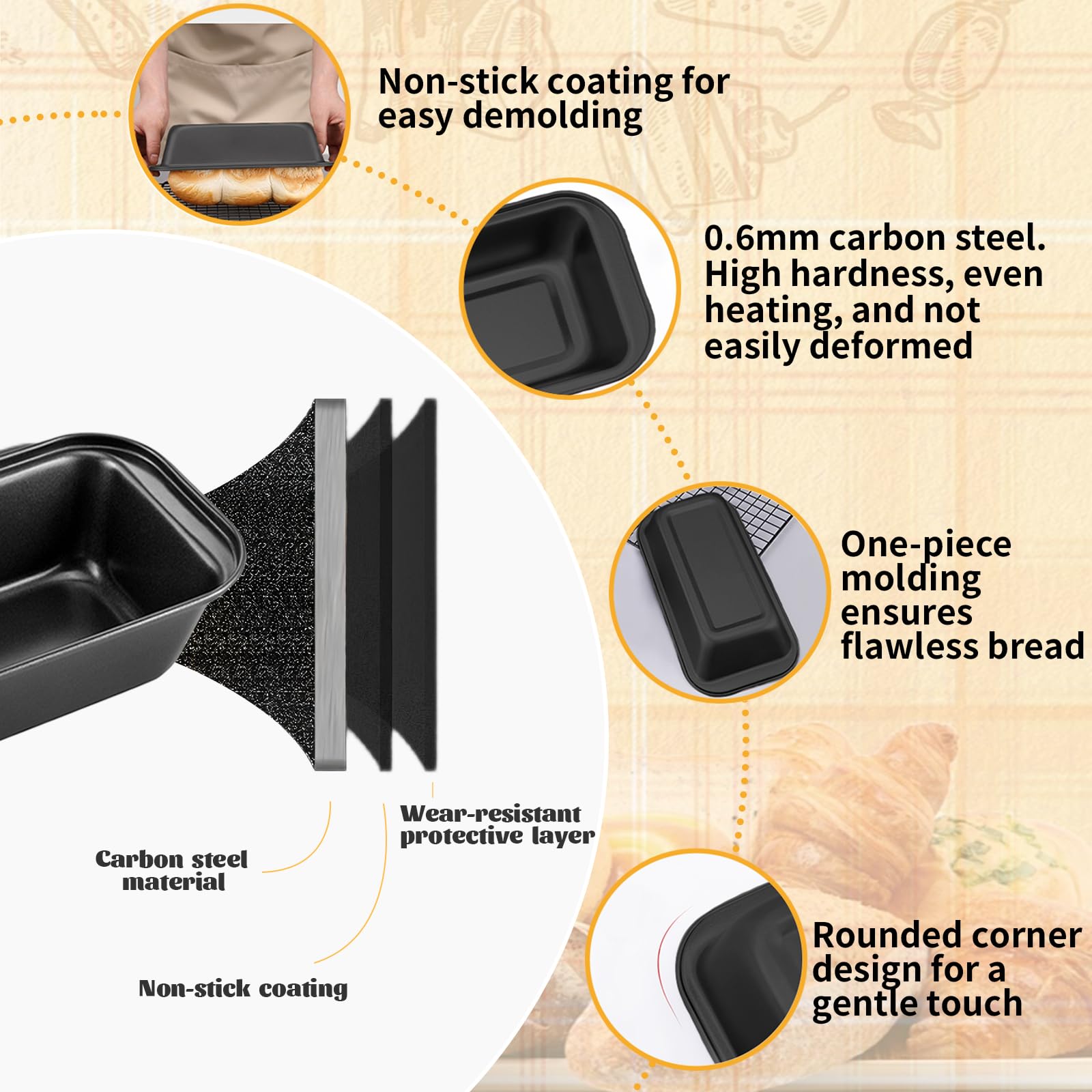 flintronic Teglia per Pane in Acciaio al Carbonio Antiaderente, 27.5×15×6cm, 2 Pezzi Stampo da Forno per Pane a Cassetta, Temperatura Max 220°C