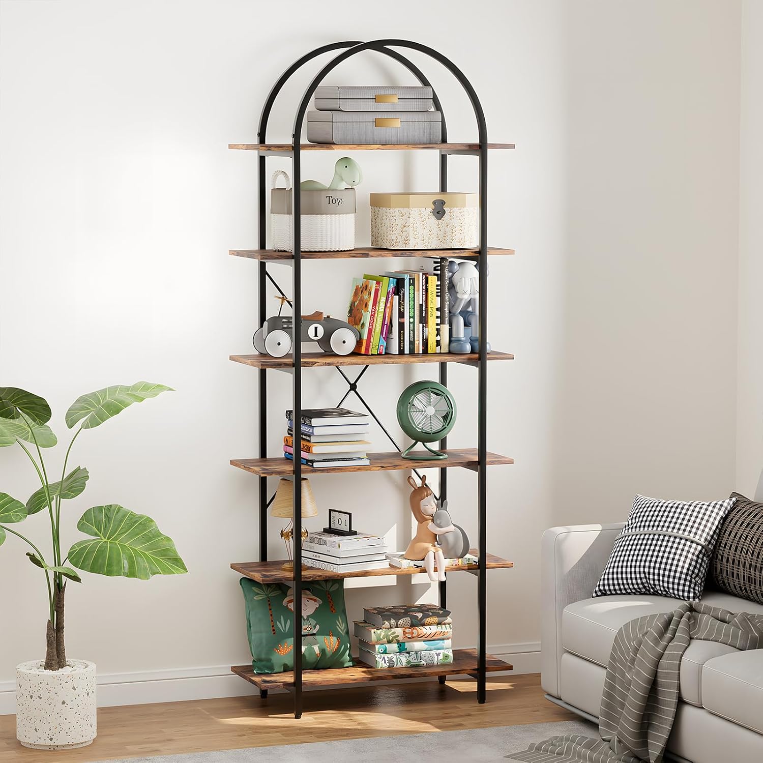 6 Tier Bookshelf, 83" Tall Arched Bookcase, Tall Book Shelf with Metal Frame, Industrial Display Standing Shelf for Living Room, Home Office, Bedroom, Brown