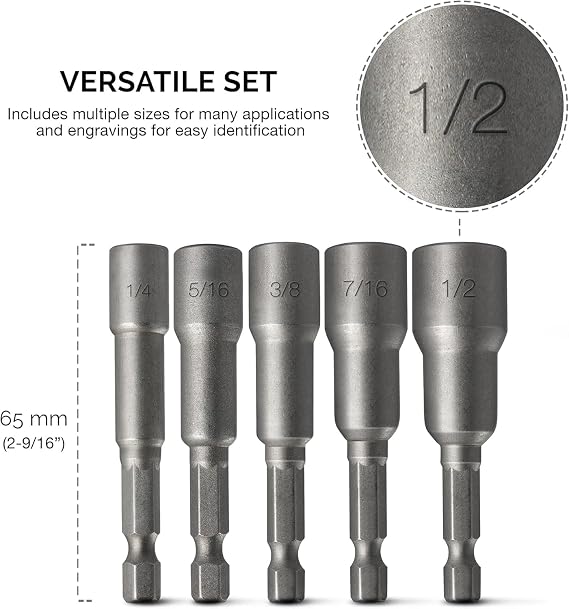 NEIKO 10066A 1/4 Hex Shank Magnetic Power Nut Driver Set | 5 Piece | SAE | Sizes 1/4 to 1/2 | Cr-V