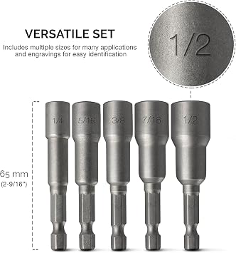 NEIKO 10066A 1/4 Hex Shank Magnetic Power Nut Driver Set | 5 Piece | SAE | Sizes 1/4 to 1/2 | Cr-V
