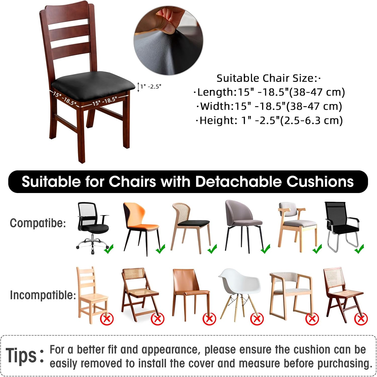 Seat Covers for Dining Room Chairs Set of 4 - PU Leather Removable Washable Chair Seat Slipcovers (Black, Small)