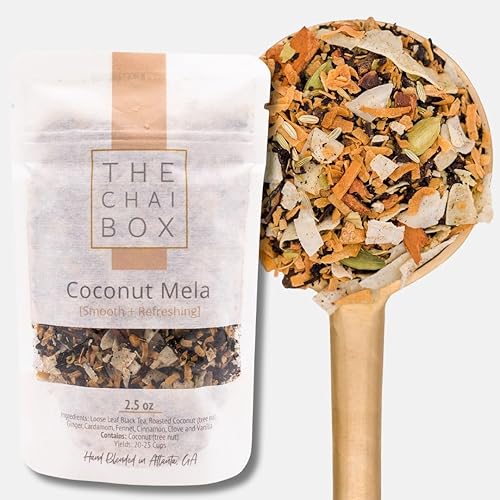 The Chai Box - Mela de coco - Té negro de hojas sueltas con coco, cardamomo, hinojo, clavo, jengibre, canela y vainilla. Fabricado en pequeños lotes
