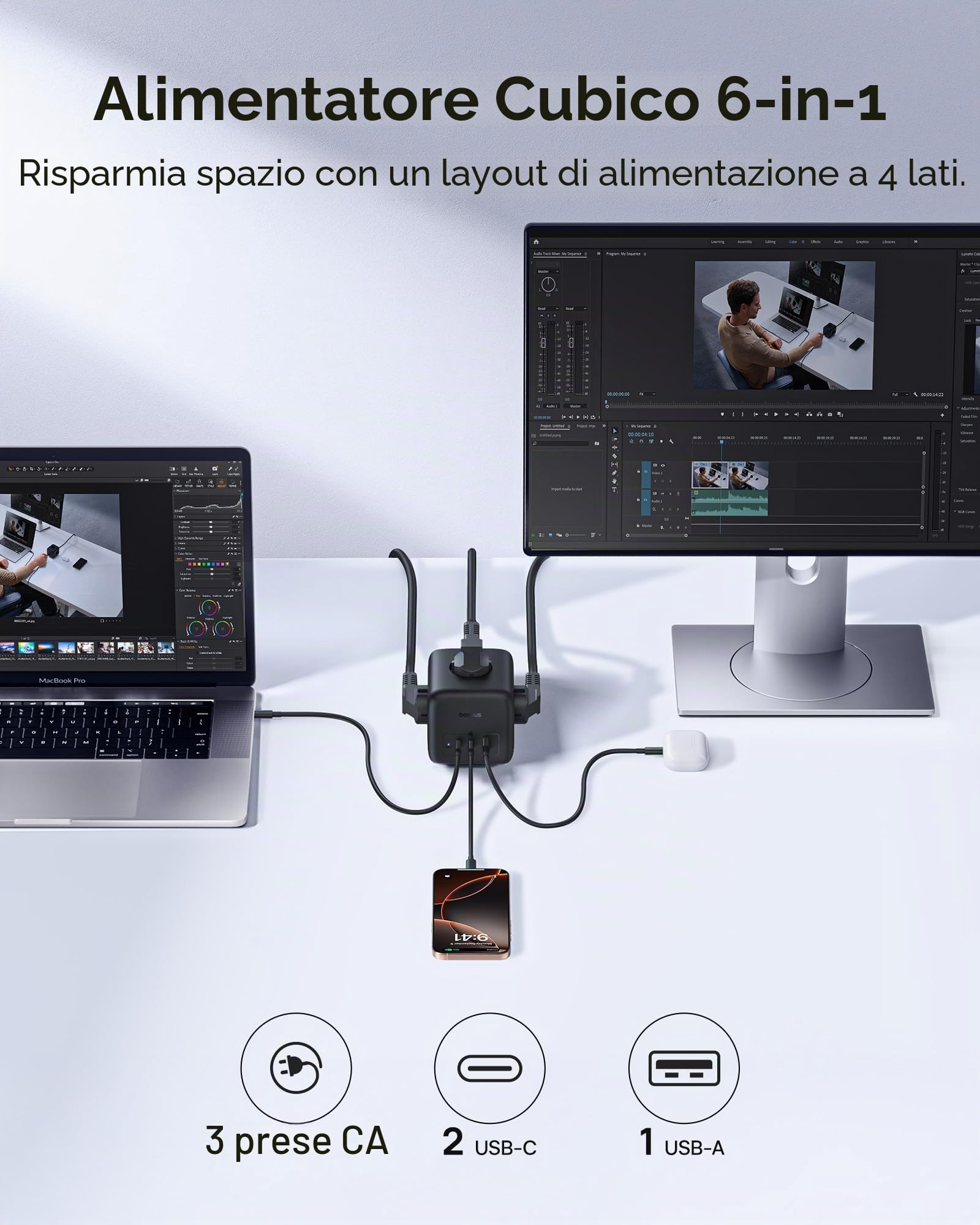 Baseus GaN6 - Ciabatta elettrica USB C da 67 W, con interruttore, caricatore portatile PDD per MacBook, iPad, iPhone 16/15, Galaxy S25 Ultra, casa, ufficio, viaggi