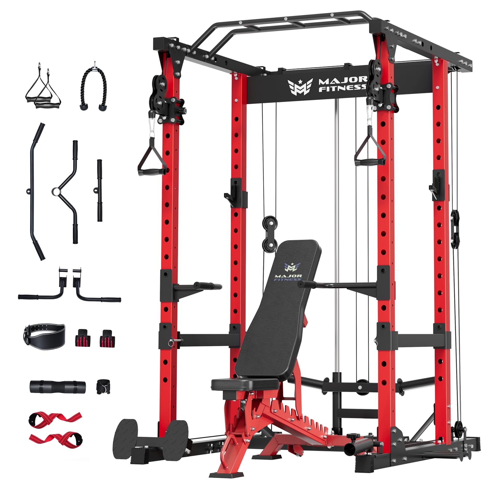 MAJOR FITNESS Drone1 Power Cage - Multi-Function Power Rack for Home Gym, Squat Rack with Pull-up Bar, Cable Crossover System, J-Hooks, for Strength Training, Heavy-Duty Steel Construction