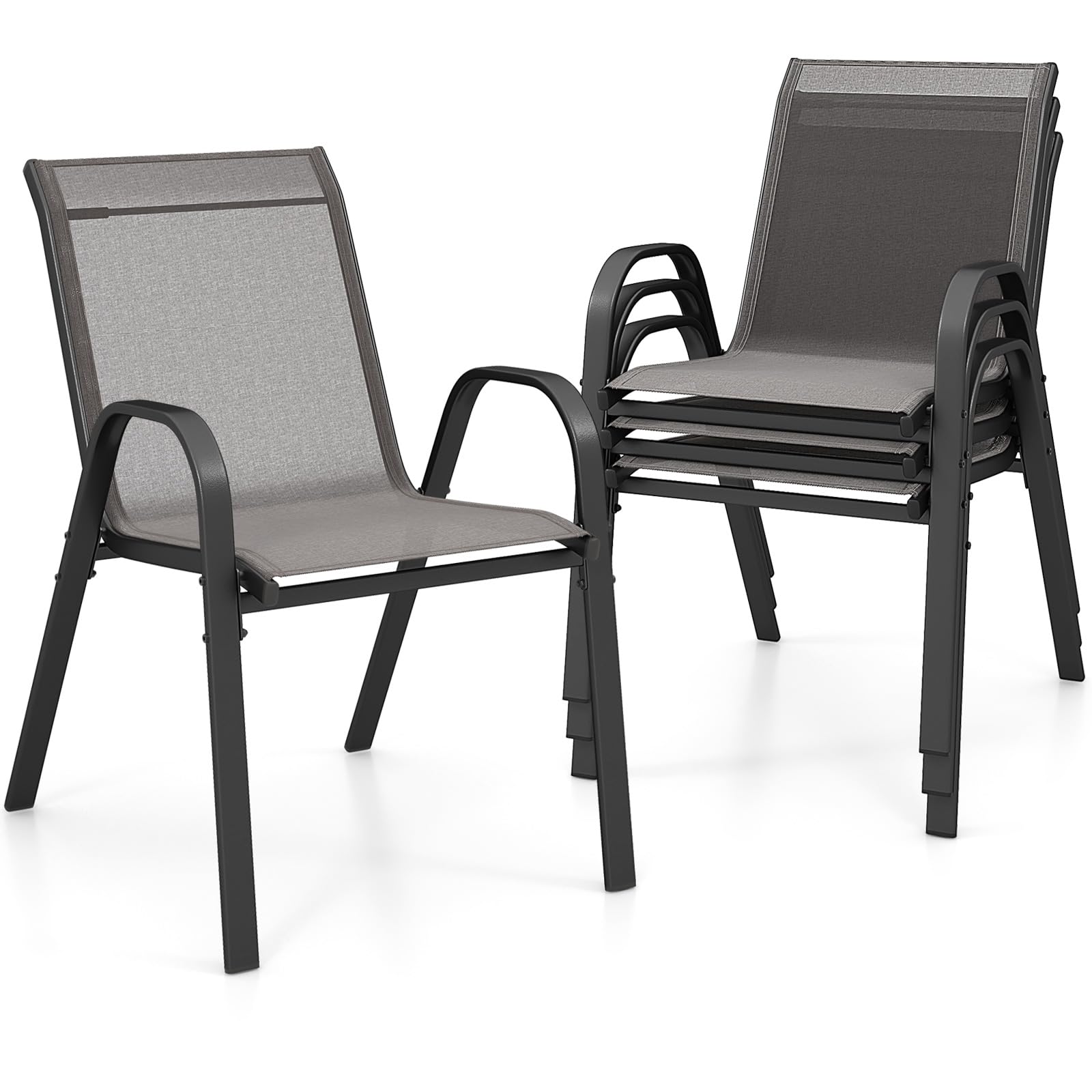 GIANTEX Juego de 4 Sillas de Exterior, Silla de Comedor Apilables con Marco de Acero con Reposabrazos y Respaldo, 56 x 70 x 84 cm, Sillas Ergonómicas para Piscina, Terraza, Jardín (Gris)