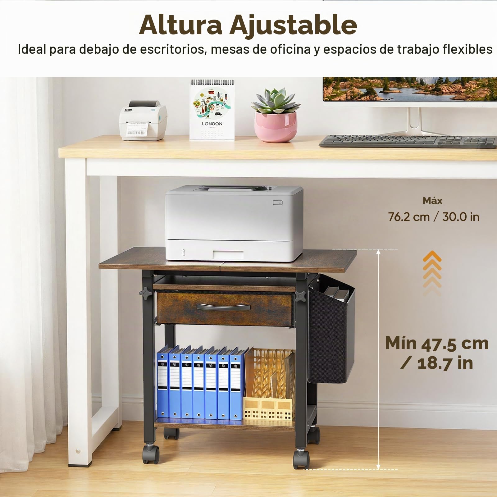 Mesa de impresión con ruedas Soporte de impresora de 3 niveles, mesa de impresora con cajón y bolsillo lateral, carrito grande con ruedas con estante ajustable para oficina y hogar (2)