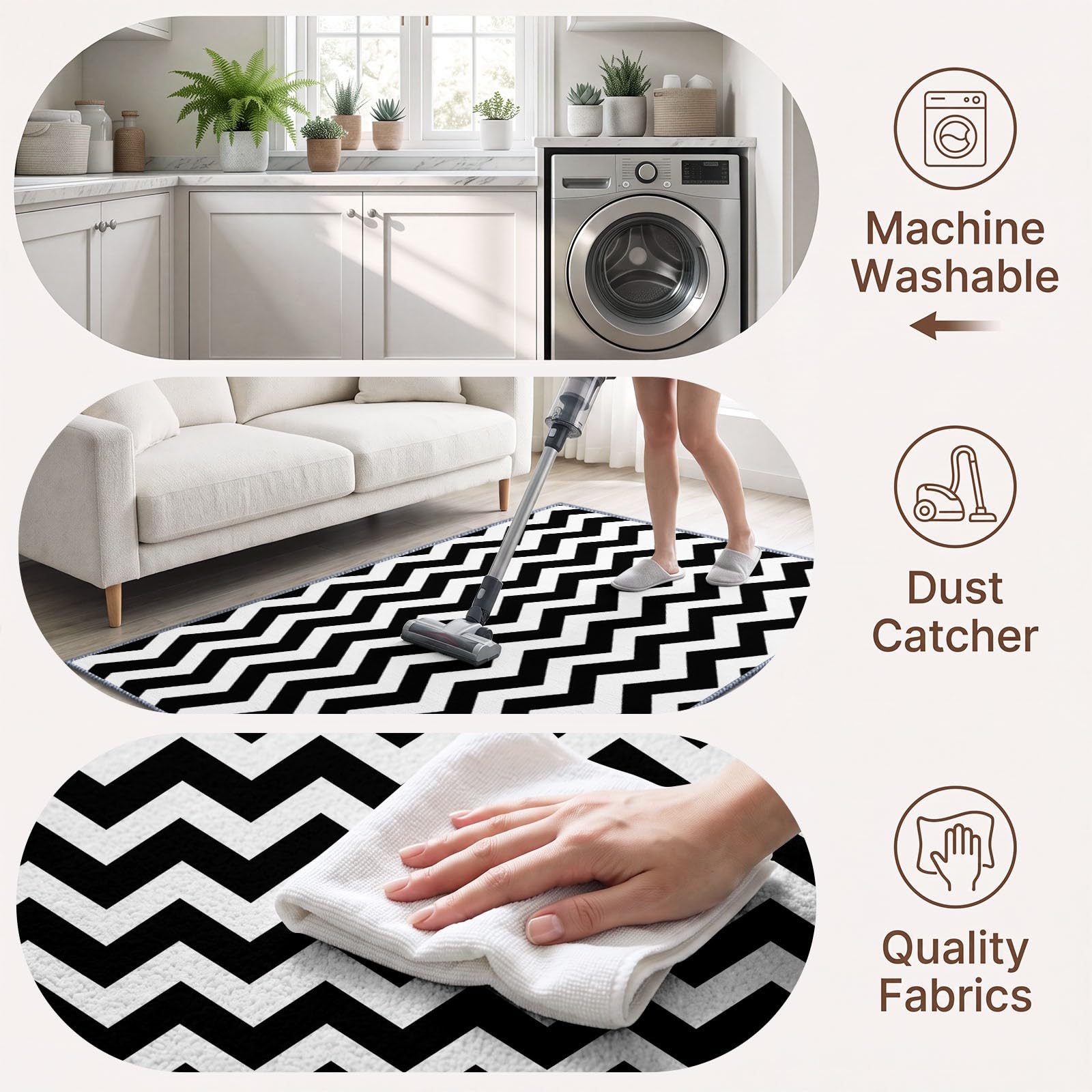 Tapis de Salon 100 x 160 cm Rayures Horizontales Noir Blanc Tapis de Chambre, Doux et Antidérapant Médiéval Géométrique Lavable en Machine Paillasson pour Salon Cuisine Couloir et Décoration Maison