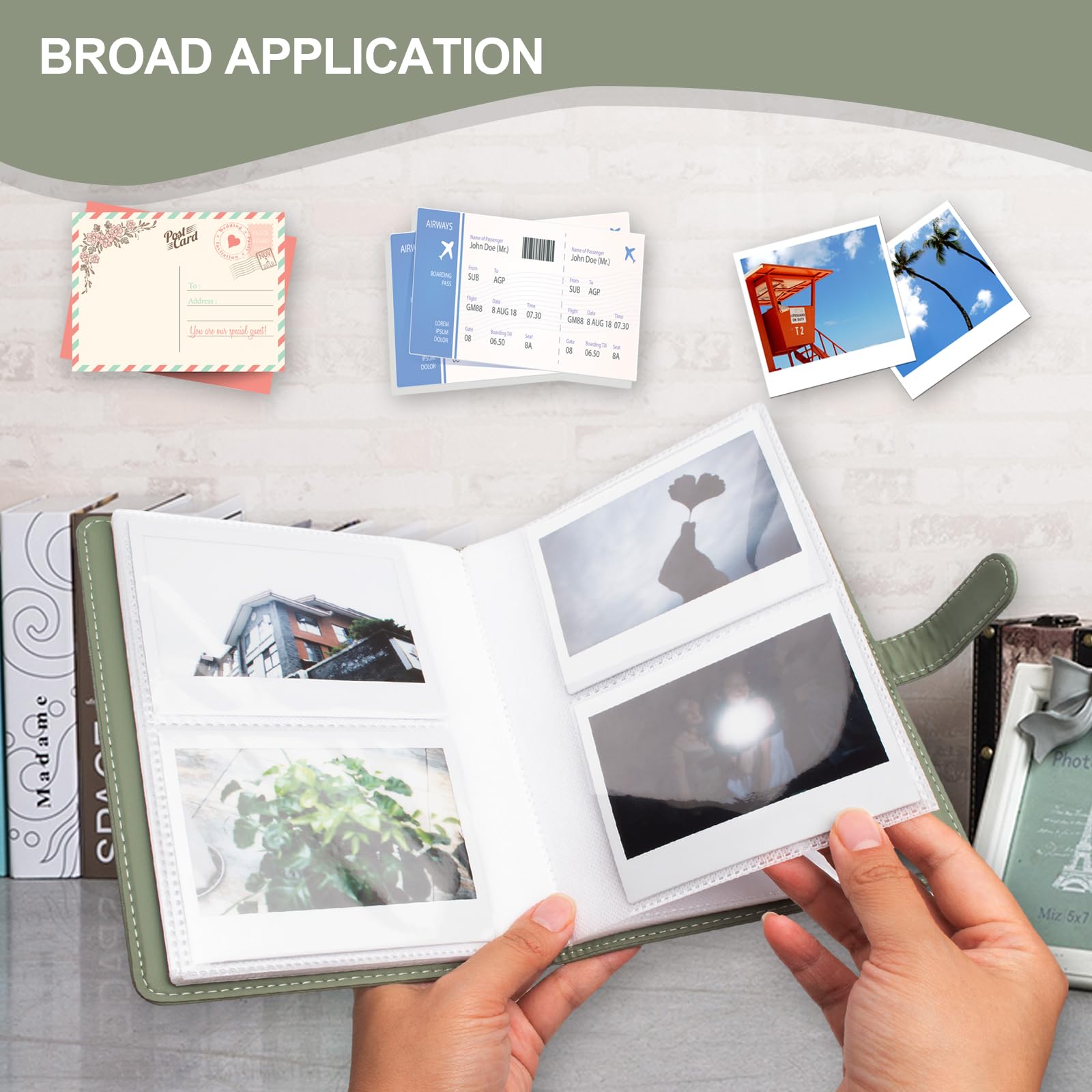 VOVMOEYA Lot de 80 pochettes pour appareil photo 3,5 x 4,5 pouces, pour Polaroid et Fujifilm Instax Wide 400/300/210, album photo 20 pages, 80 images, vert
