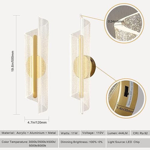 Miniatura 6 de Apliques de pared dorados de 19.7 pulgadas, modernos apliques de pared regulables, lámpara de pared LED regulable para interiores, lámparas de pared