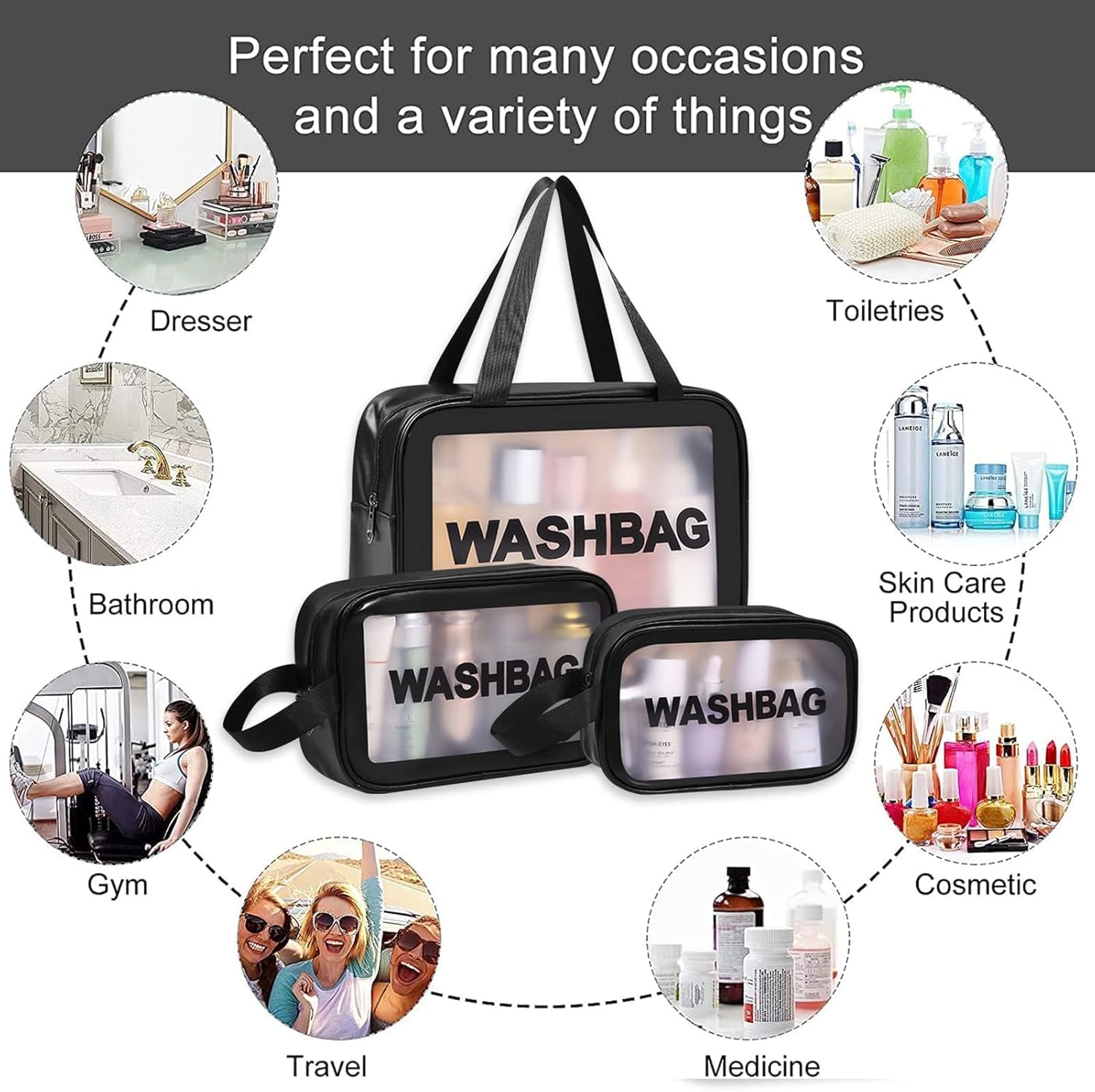 KUKLAR Wash Bag Pouch for Travel Kit Toiletry Bag Cosmetic Bag Make Up Box for Brushes,Accessories with Handle,Large Capacity Translucent Waterproof Travel Storage Mini Size 21X13X7 (Black) 4