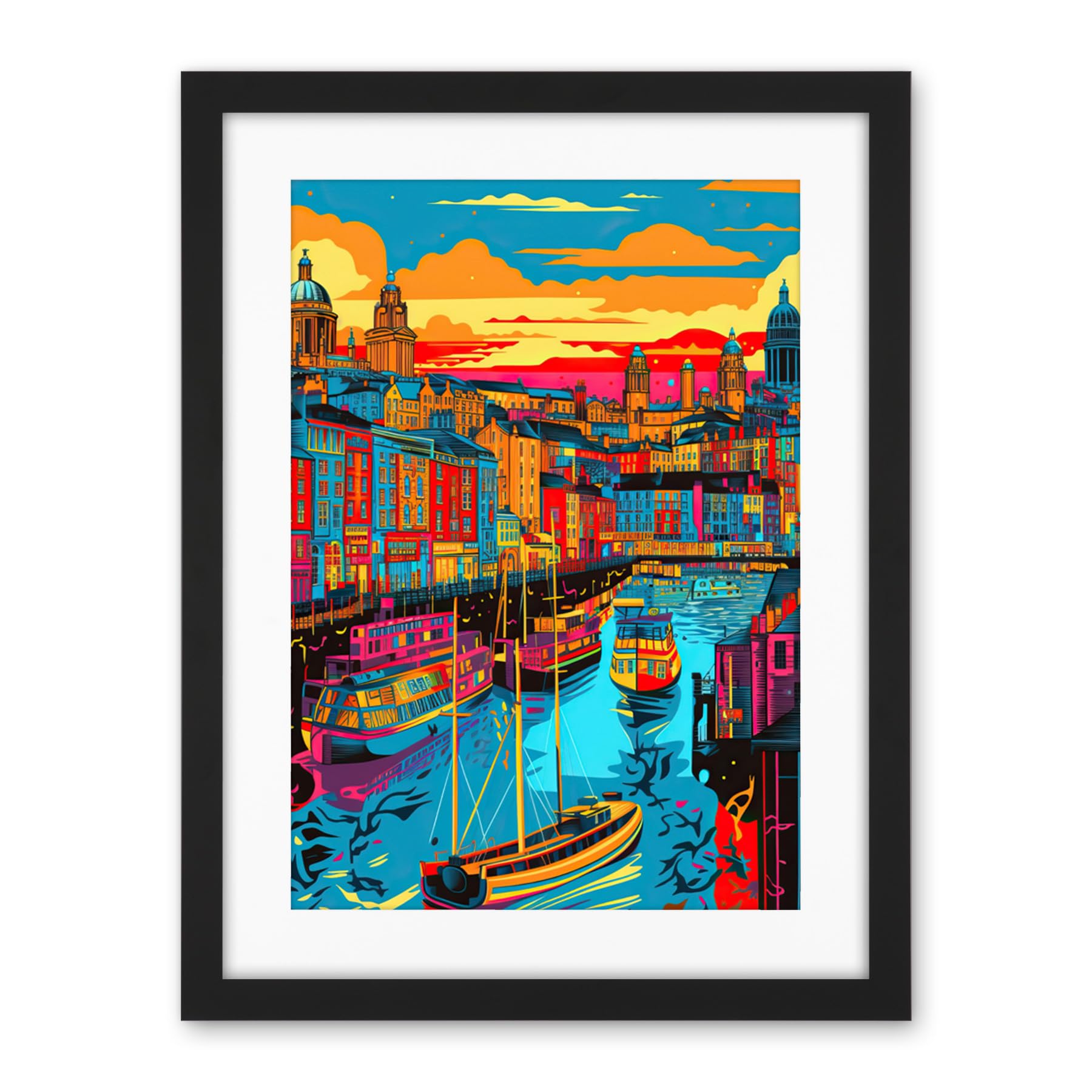 Artery8 Vibrant Liverpool City Waterfront Sunset Cityscape Artwork Framed Wall Art Print 18X24 Inch