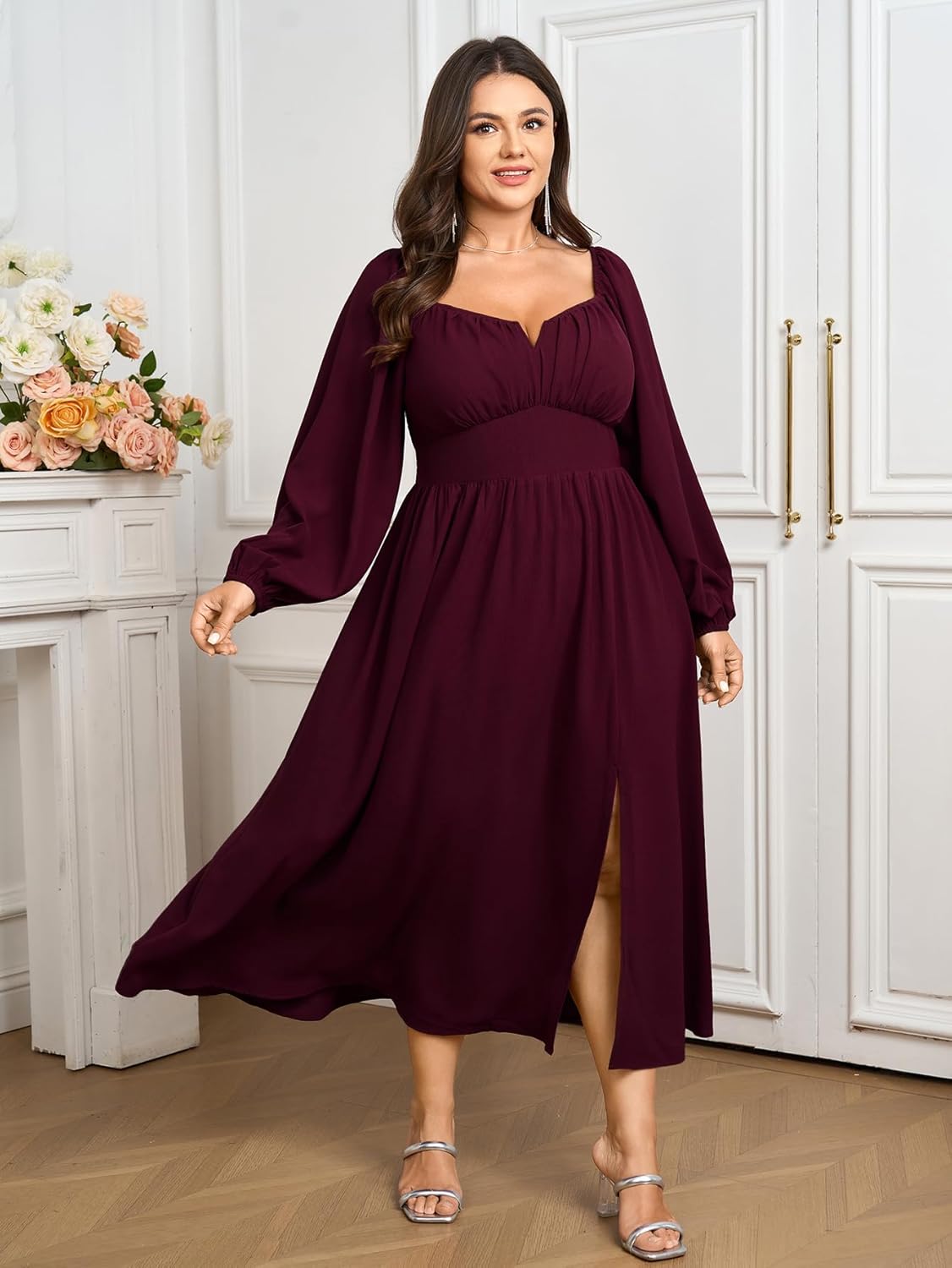 SCOMCHIC Women Plus Size Formal Dresses Long Sleeve Square Neck Wedding Guest Cocktail Split A-Line Maxi Long Dress - Image 4