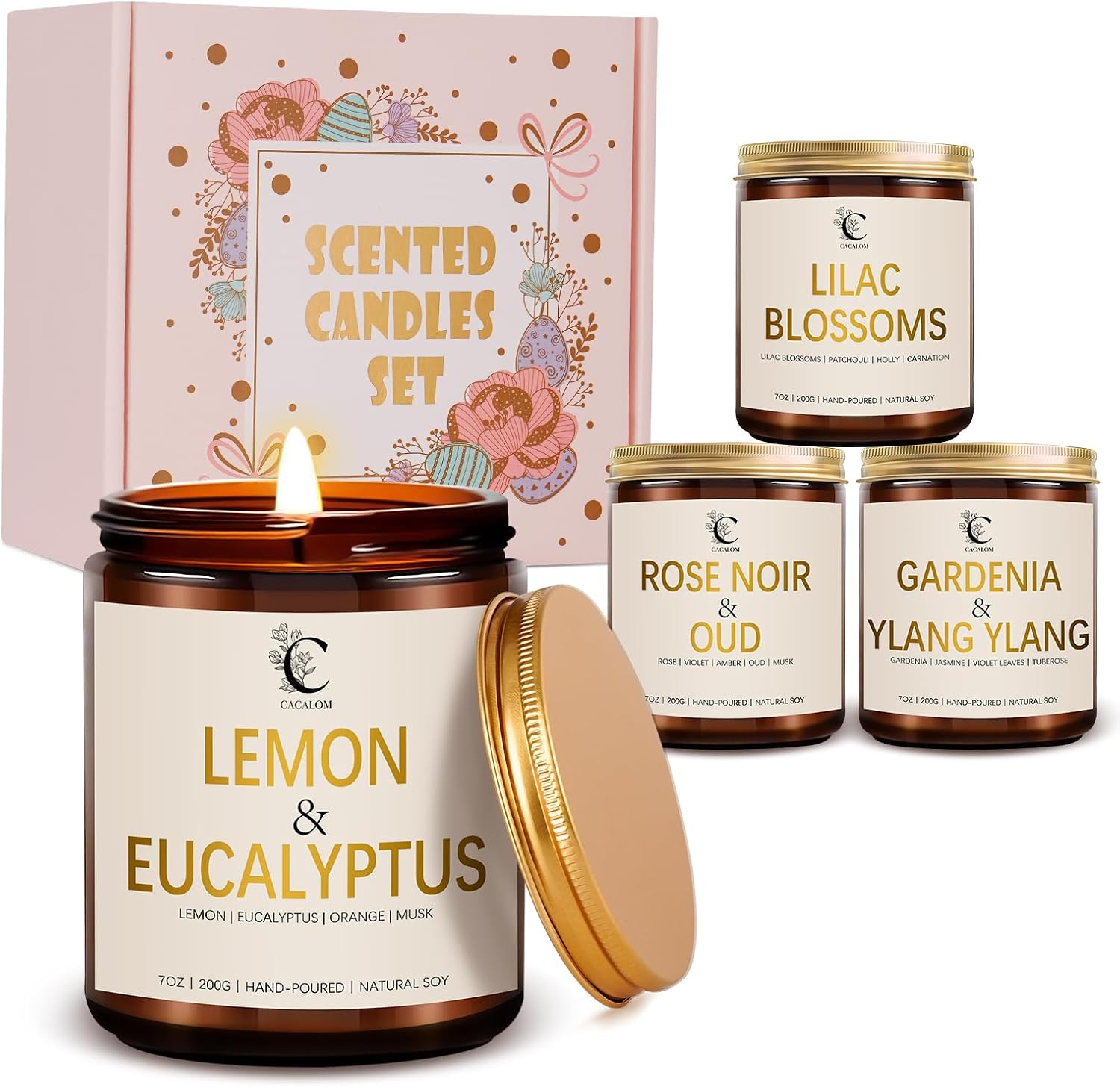 Scented Candles Gift Set, 4 Pack Birthday Candles for Home Scented, Aromatherapy Candles Set for Women Halloween Chirstmas Long Lasting Soy Wax Candles Non Toxic for Her, Rose/Lemon/Gardenia/Noir Oud