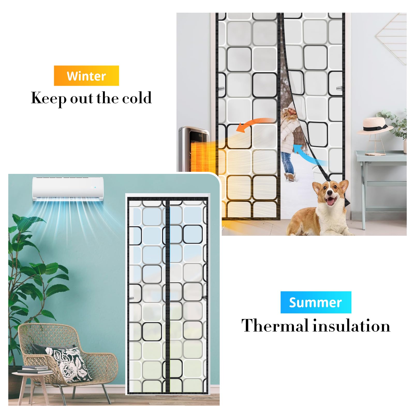 SWAWIS 100x200cm Cortina Térmica Magnética para Puertas in EVA Material, Resistente al Frío y Aislante Térmico Impermeable y Cortavientos, con Velcro, para Balcón Cocina Dormitorio(Patrón a Cuadros)