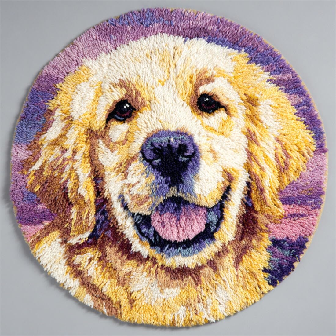 Rqwybcaxn DIY Latch Hook Rug Kit for Adults Animal Embroidery Kit Golden Retriever Portrait 50x50cm Round Tapestry with Crochet Hook Living Room Craft Gift