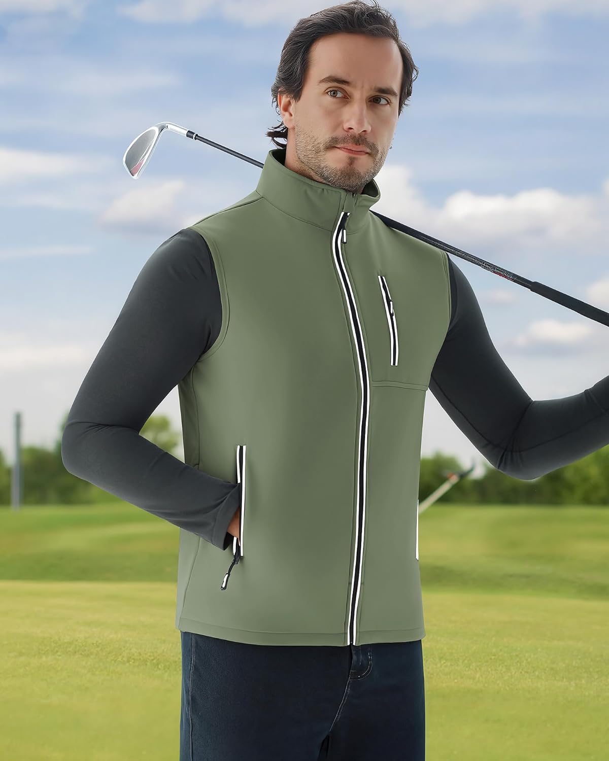 WULFUL Men's Windproof Lightweight Golf Vest Outerwear with Pockets, Softshell Sleeveless Jacket for Travel Hiking Running - Image 2